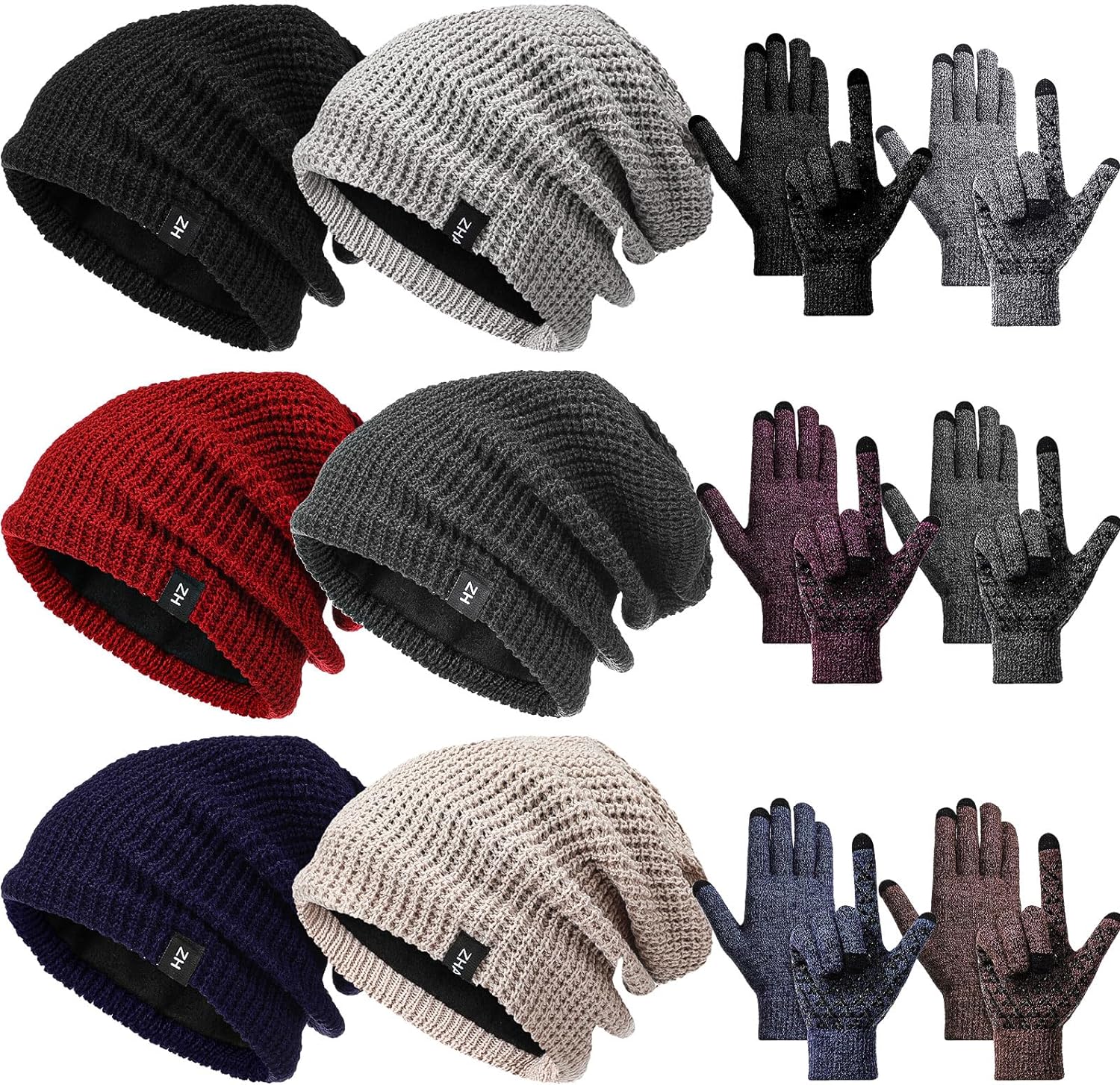 12 Pieces Winter Slouchy Beanie Hat Gloves Set 6 Pieces Slouchy Beanie Chunky Knit Hats 6 Pairs Warm Touchscreen Gloves for Women Men Ski Hike Outdoor Indoor