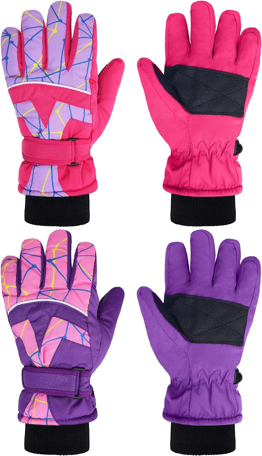 Zhanmai 2 Pairs Kids Winter Snow Ski Gloves Children Waterproof Warm Thicken Snowboard Cold Weather Gloves for 9-15 Years Boys and Girls Outdoor Sports