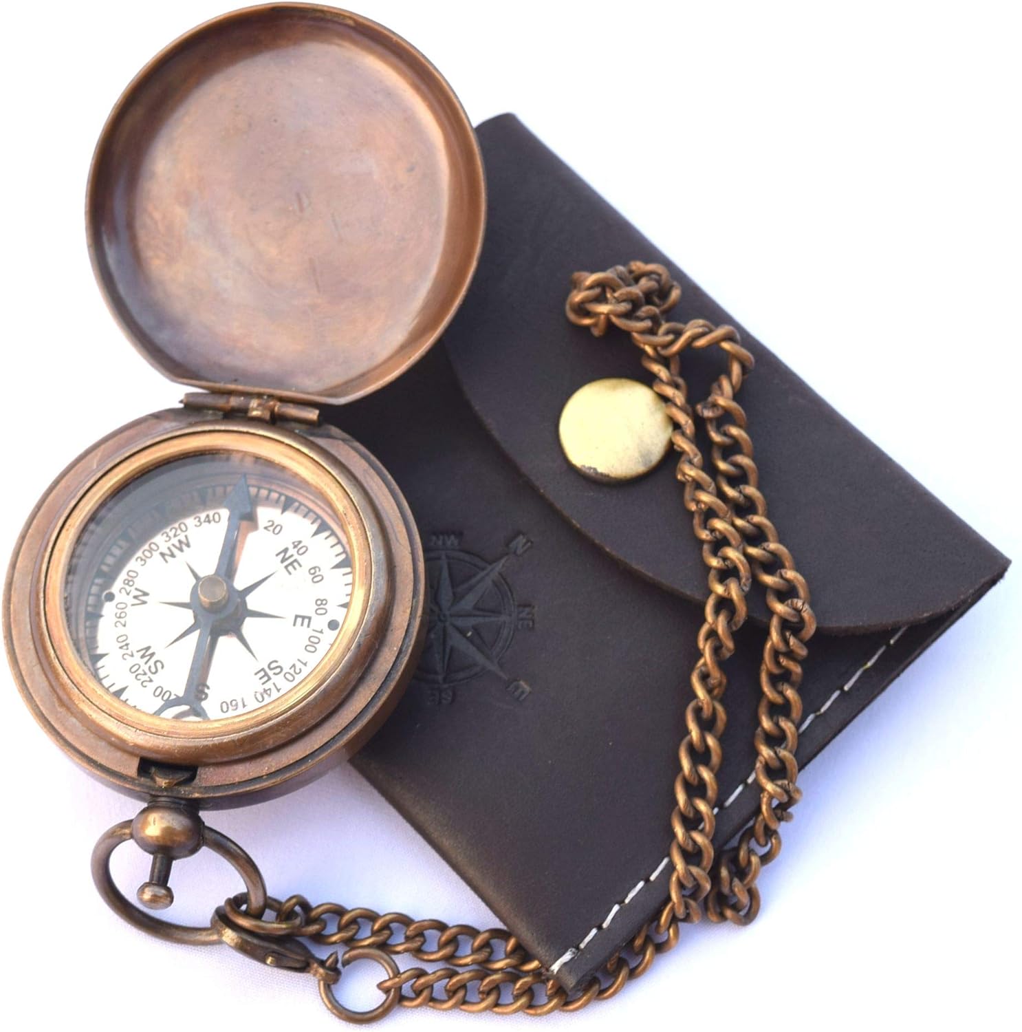 NEOVIVID Handmade Brass Push Open Compass On Chain with Leather Case, Pocket Compass, Gift Compass
