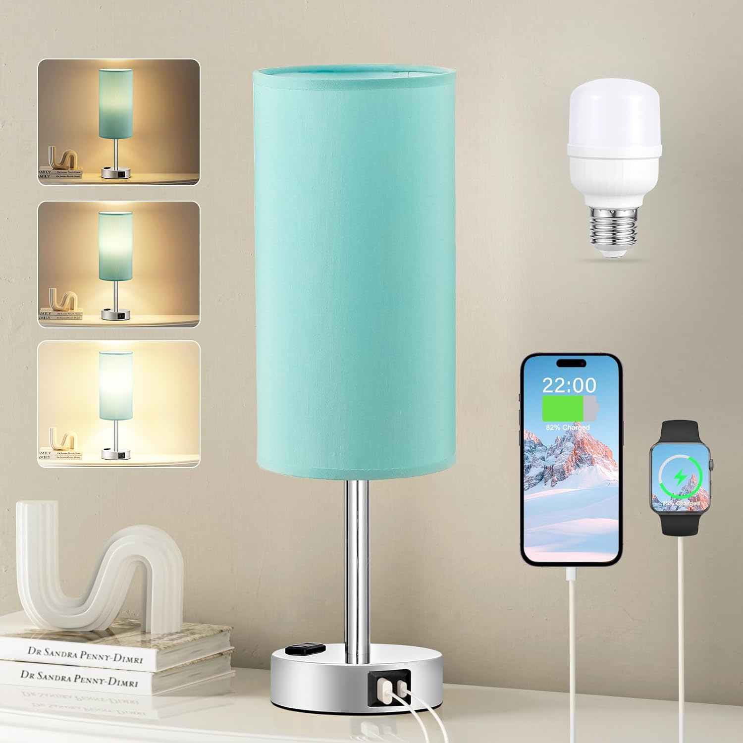 Fenmzee Teal Bedroom Table Lamp for Nightstand- 3 Way Dimmable Touch Lamp USB A and C Charging Ports and AC Outlet, Small Lamp for Office Desk with Silver Metal Base, LED Bulb Included