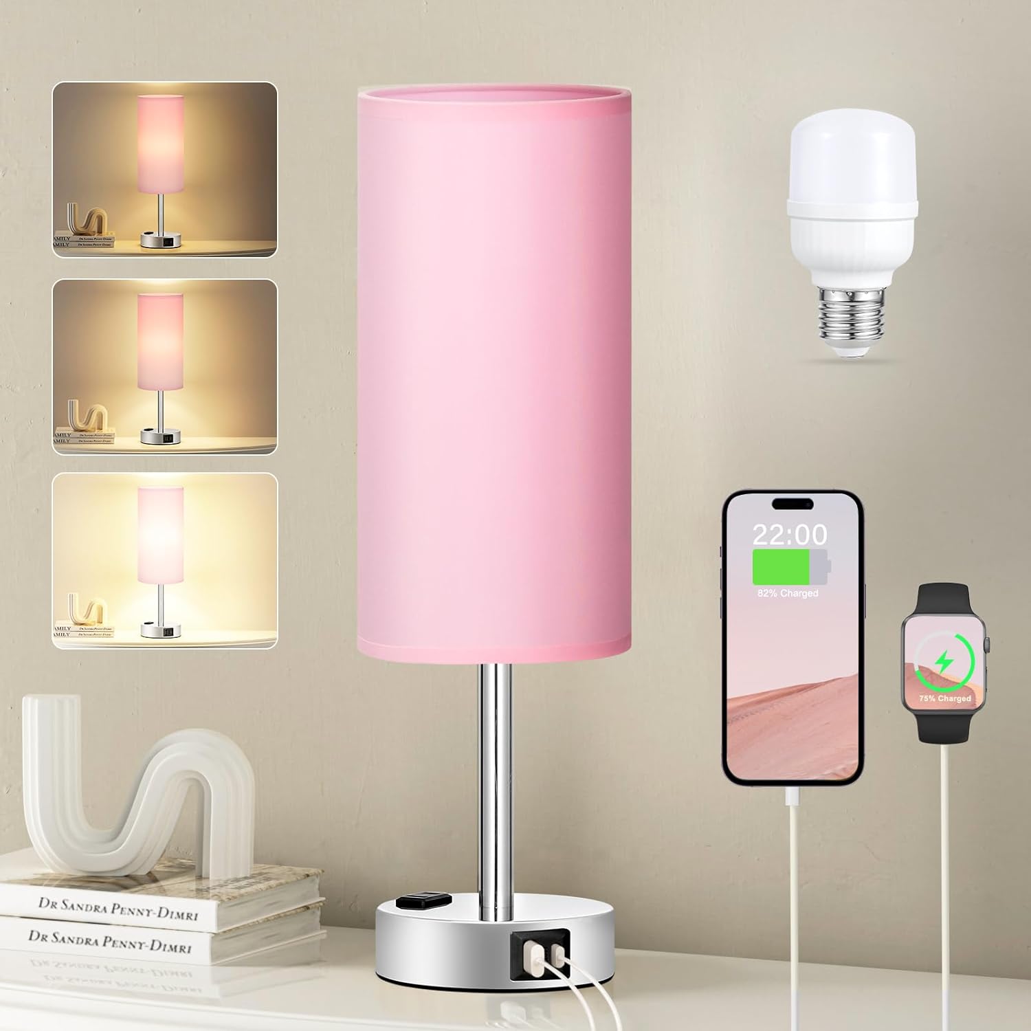 Fenmzee Pink Lamp for Bedroom Nightstand - 3 Way Dimmable Touch Table Lamp USB C Charging Ports, Small Lamp with AC Outlet for Desk Girls Room, LED Bulb Included