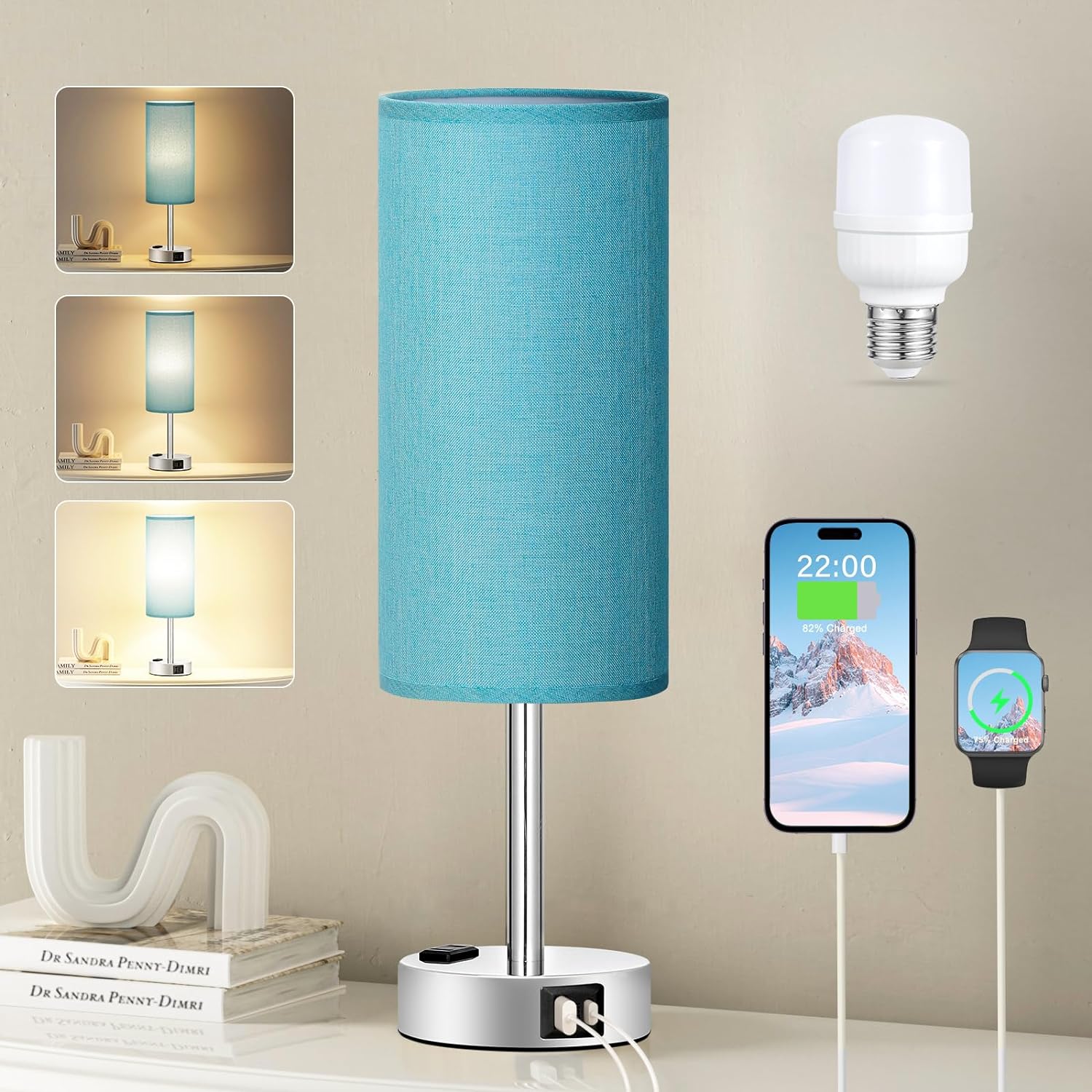 Fenmzee Turquoise Nightstand Table Lamp for Bedroom - 3 Way Dimmable Touch Lamp USB A and C Charging Ports and AC Outlet, Small Lamp for Office Desk with Metal Base, LED Bulb Included