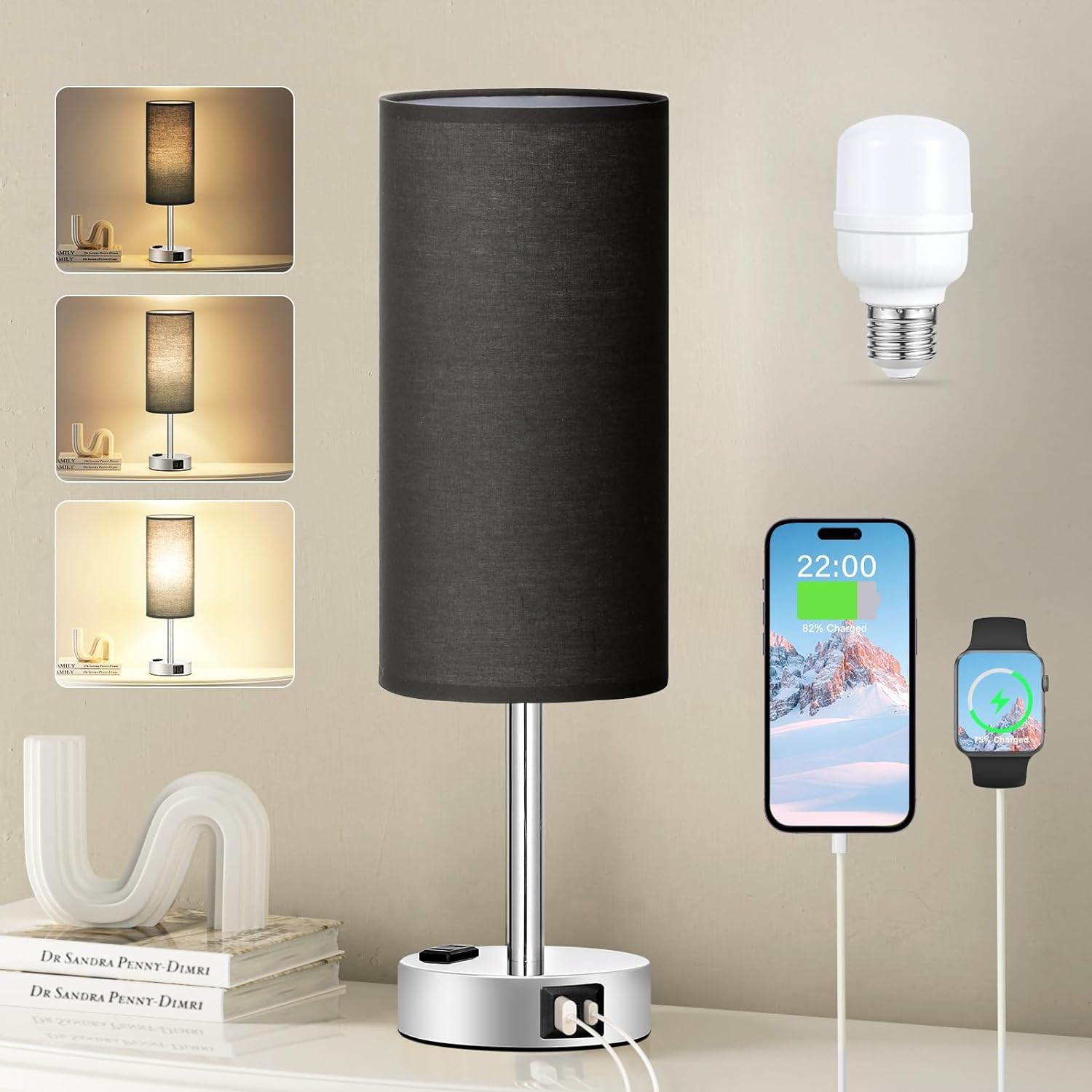 Black Bedroom Table Lamp for Bedside - 3 Way Dimmable Touch Lamp USB C A Charging Ports and AC Outlet, Small Desk Lamp for Nightstand for Living Room with Silver Base, Office Desk, LED Bulb Included