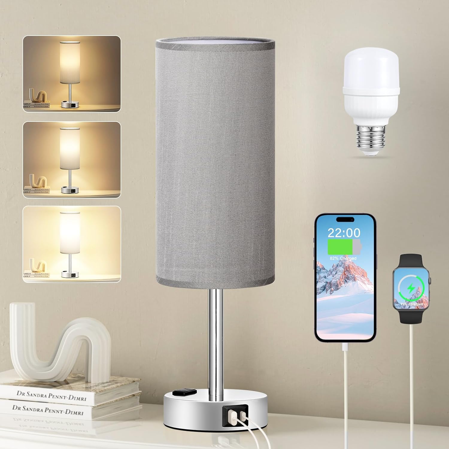 Fenmzee Grey Nightstand Table Lamp for Bedroom - 3 Way Dimmable Bedside Lamp USB C A Charging Ports and AC Outlet, Small Table Lamp Silver Base for Living Room, Office Desk, LED Bulb Included