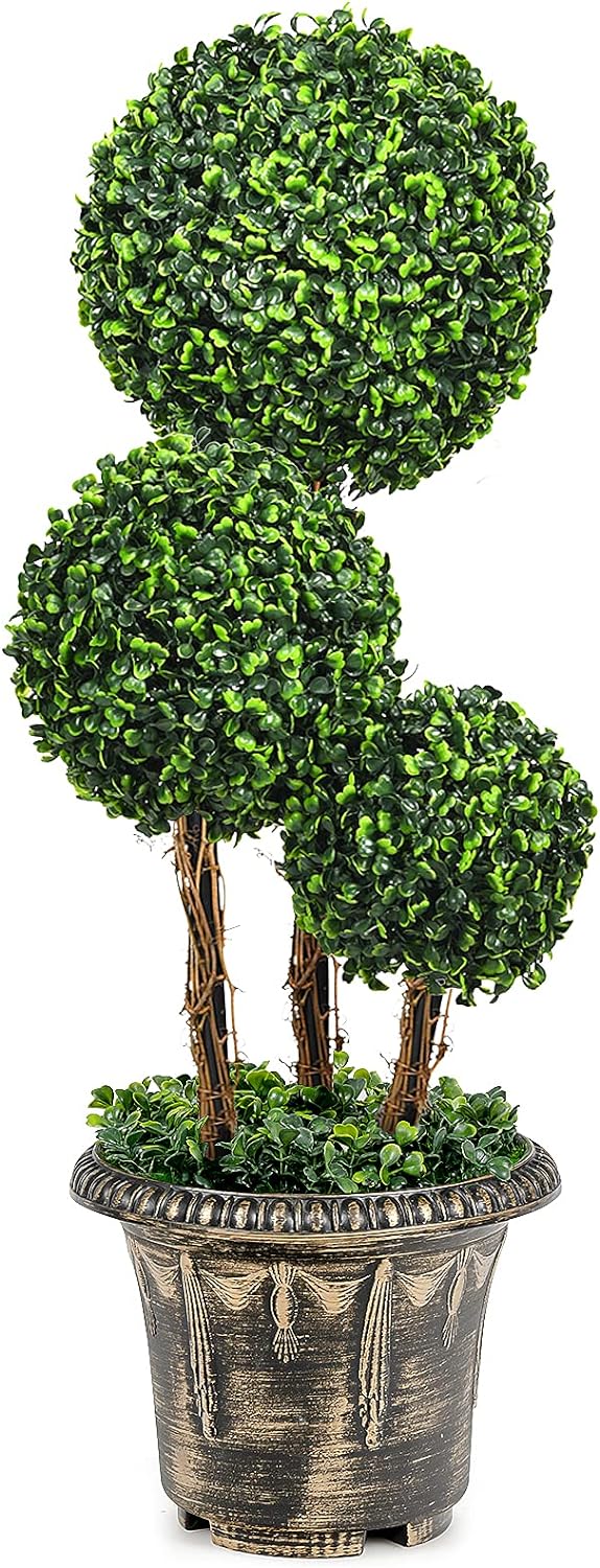 Goplus 2.5 Ft Artificial Boxwood Topiary Tree, Fake Greenery Plants Triple Ball Tree, Leaves & Cement-Filled Plastic Flower Pot Decorative Trees for Home, Office, Indoor and Outdoor Use