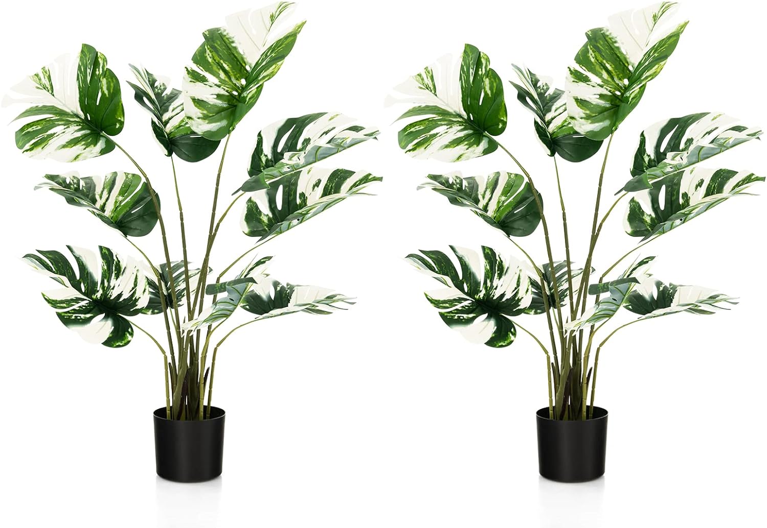 Goplus 4ft Artificial Monstera Deliciosa Plant, 2 Pack Tall Fake Tropical Palm Tree in Pot with 10 Decorative Split Leaves, Faux Swiss Cheese Plant for Floor Home Office Living Room Decor