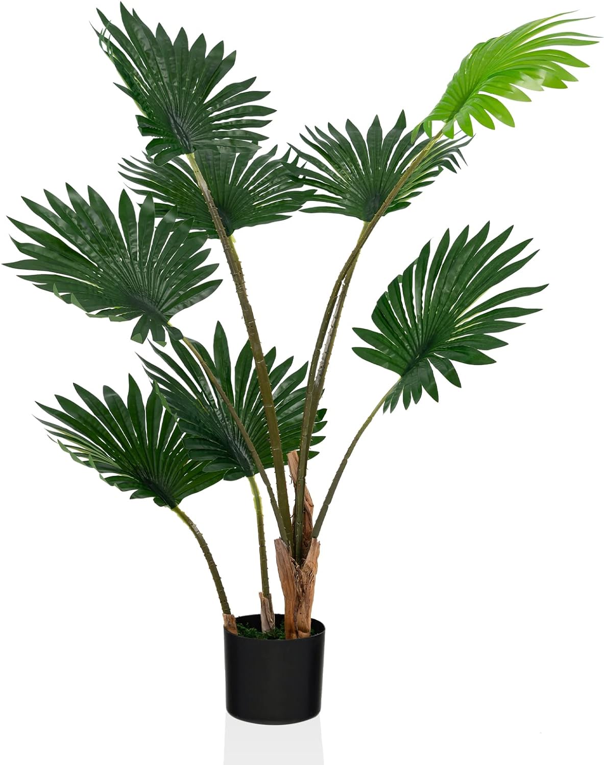 Goplus 4ft Artificial Fan Palm Tree, Fake Tropical Palm Tree with 8 Large Leaves, Realistic Moss, Cement Pot, Indoor & Outdoor Green Potted Plant for Office, Home, Store, Garden