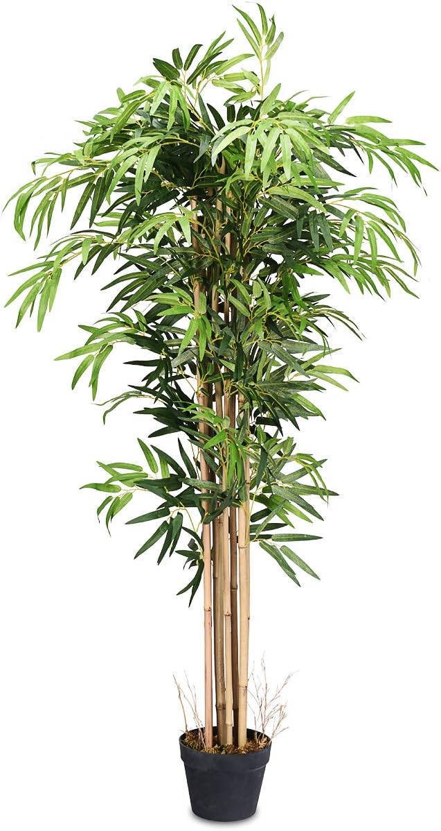 Goplus Artificial Bamboo Tree, 5ft Tall Faux Bamboo Plant, Large Fake Tree with Leaves and Natural Trunk, Greenery Floor Artificial Plants in Pots for Home Office Living Room Indoor Outdoor Decor