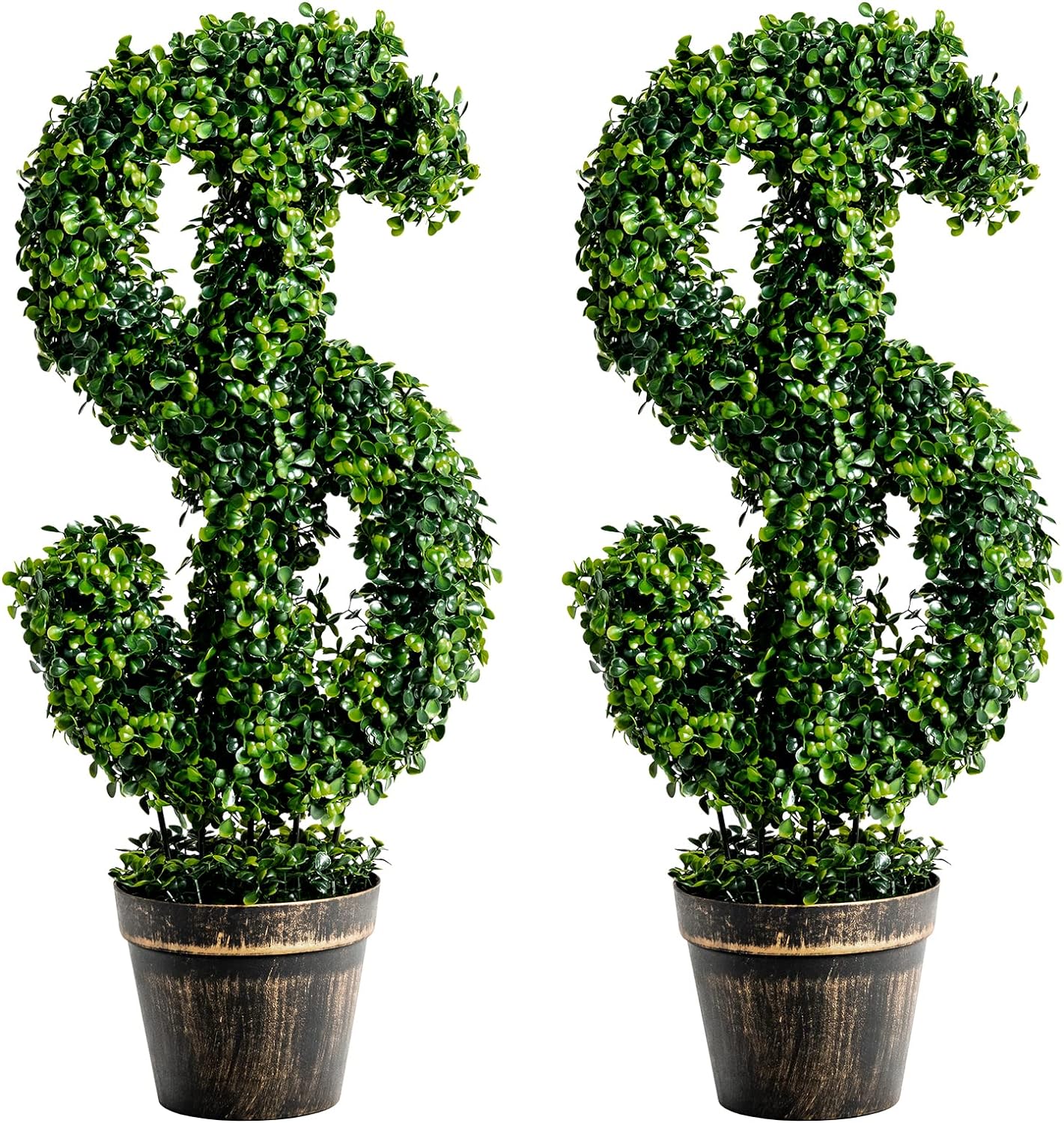 Goplus 24.5 Artificial Boxwood Topiary Tree, Set of 2 Dollar-Shaped Fake Greenery Plant W/Cement-Filled Plastic Pot, Moss, Luxuriant Faux Potted Plant for Indoor Outdoor Home Office