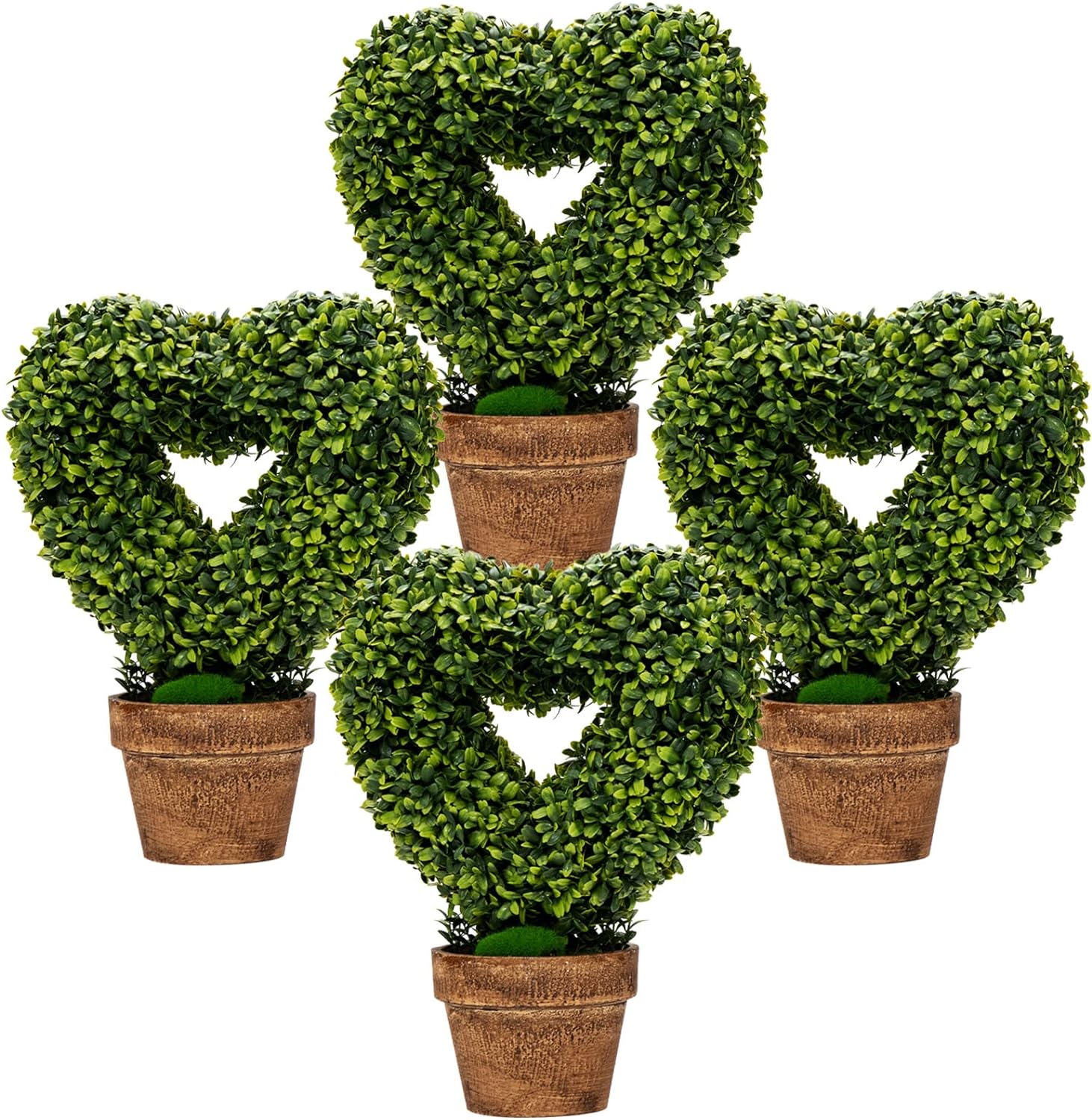 Goplus 4 Pack Artificial Boxwood Topiary Trees, Mini Fake Greenery Plants, Small Faux Decorative Plants, Tabletop Potted Artificial Plants for Home Office Desk Dining Table (Green-Heart Shape)