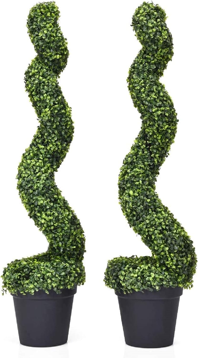 Goplus 4 Feet Spiral Boxwood Artificial Topiary Trees, Large Faux Plant with UV Resistant Realistic Leaves & Cement-Filled Pot, Tall Fake Plant for Indoor Outdoor Home Front Porch Decor