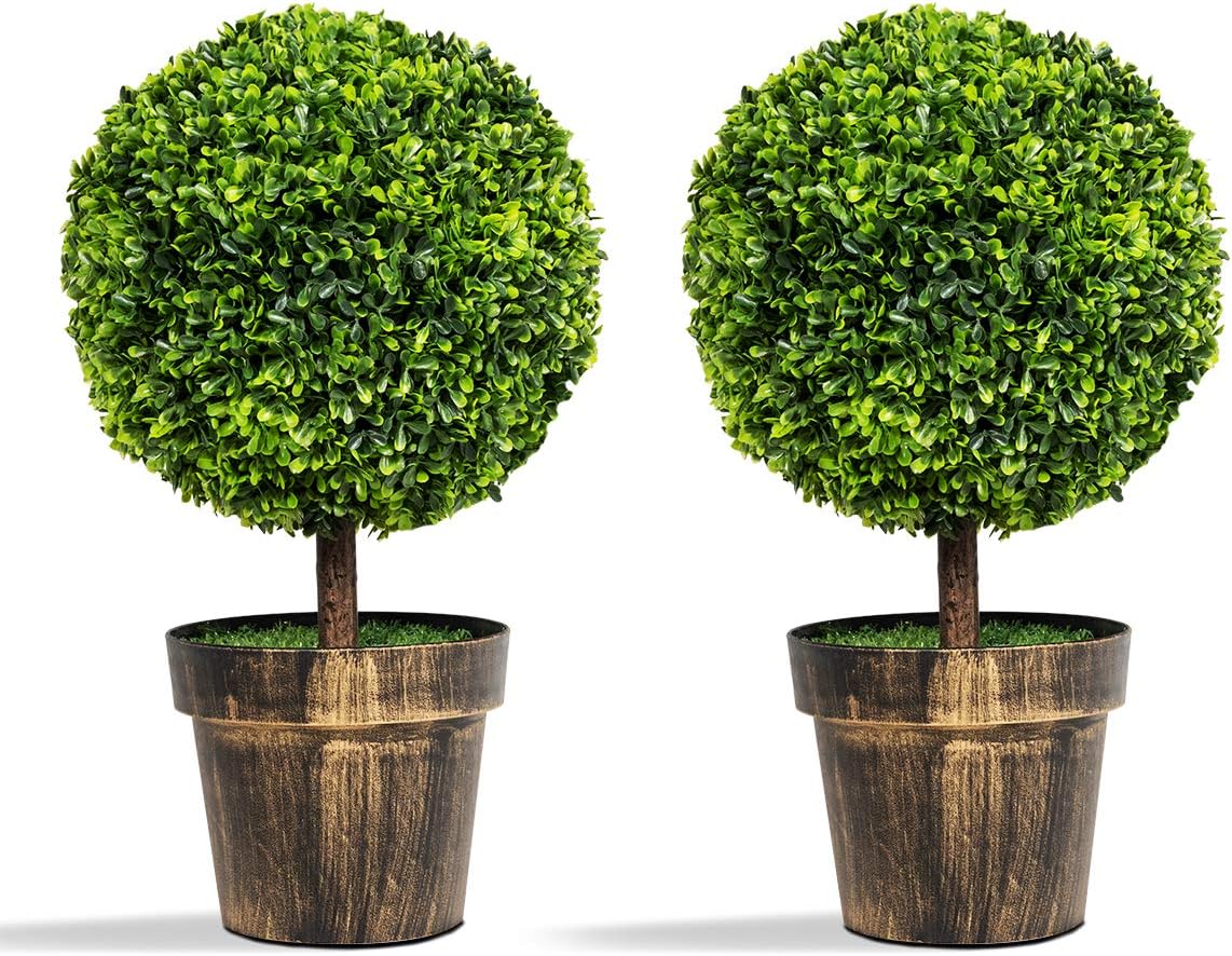 Goplus 22 Tall Artificial Boxwood Topiary Ball Tree, 2 Pack Faux Round Shrubs Bushes Decoration, Fake Potted Plants for Front Porch Indoor Outdoor Home Decor