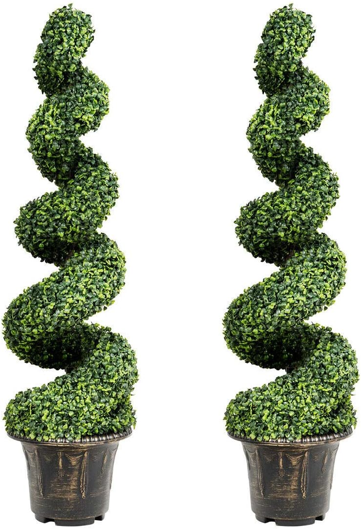 GOPLUS 4 Ft Artificial Boxwood Spiral Topiary Tree, Fake Greenery Plants, Leaves & Cement-Filled Plastic Flower Pot Decorative Trees for Porch Home Office Indoor Outdoor