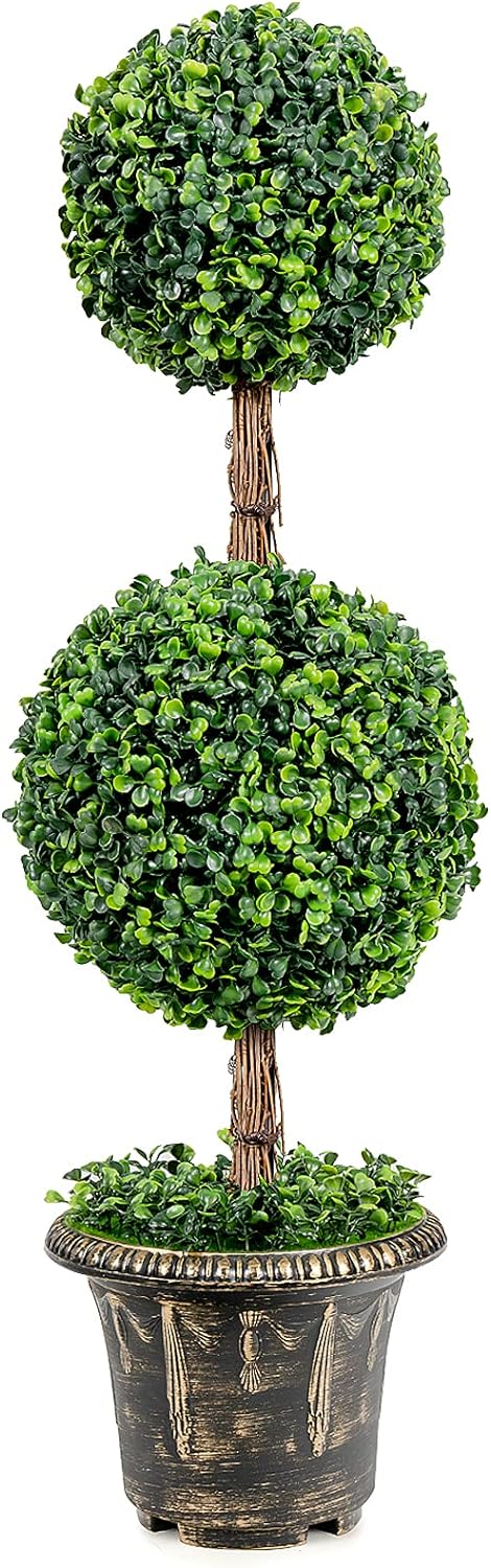 Goplus 3 Ft Artificial Boxwood Topiary Tree, Fake Greenery Plants Ball Tree, Leaves & Cement-Filled Plastic Flower Pot Decorative Trees for Home Office Indoor Outdoor