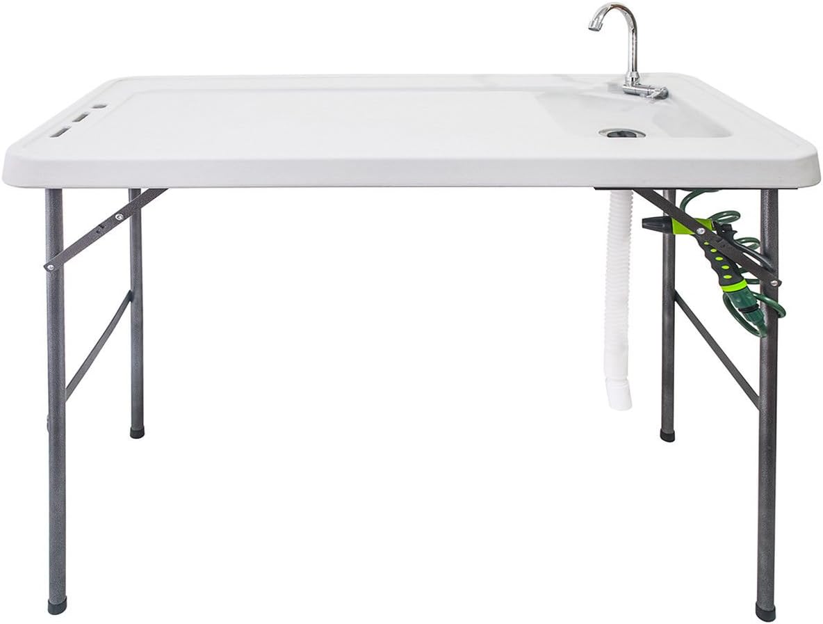 Goplus Folding Fish Cleaning Table with Sink and Spray Nozzle, Heavy Duty Fillet Table with Hose Hook Up and Faucet, Portable Outdoor Camping Sink Station for Dock Beach Patio Picnic