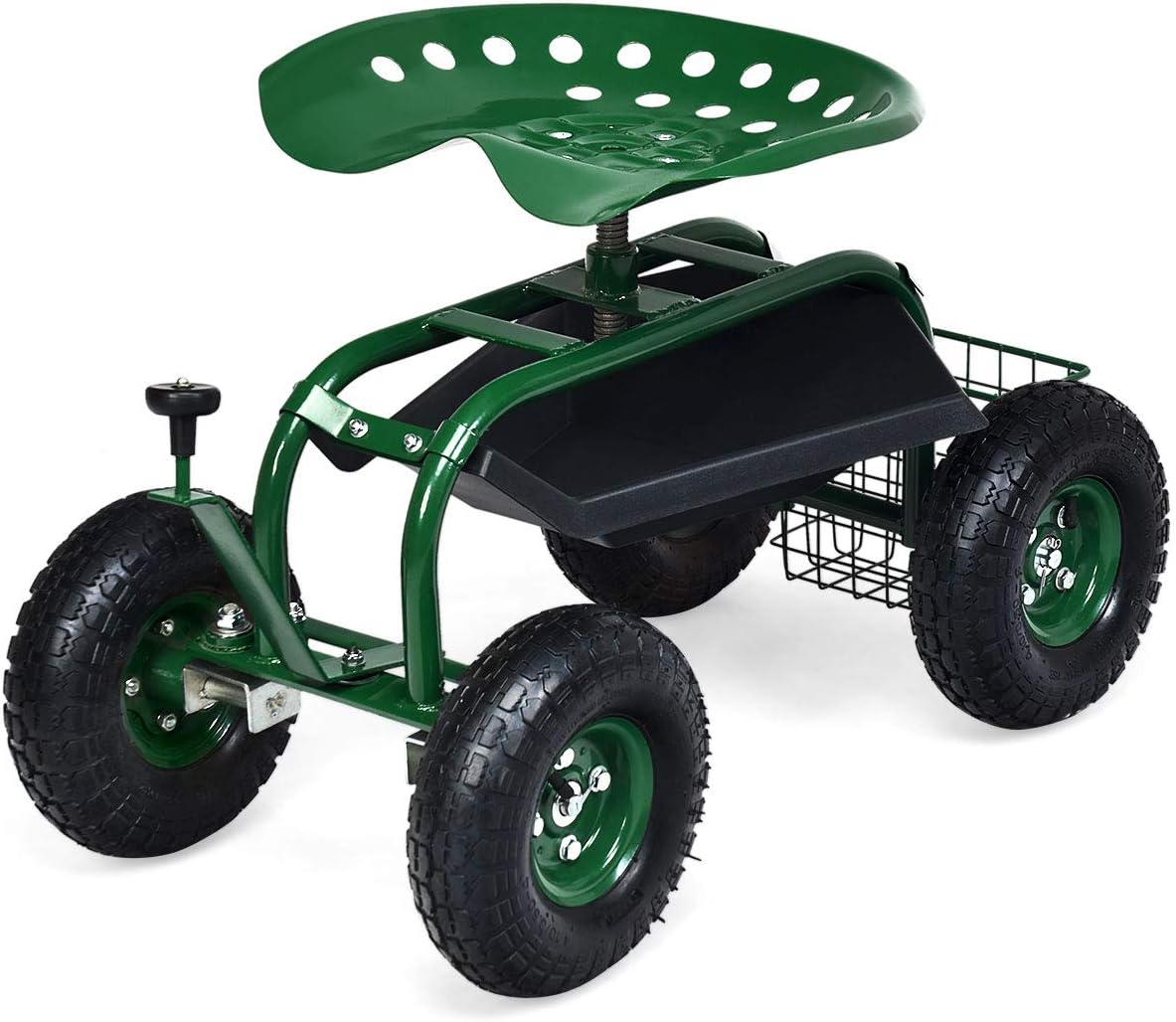 Goplus Garden Cart Gardening Workseat w/Wheels, Patio Wagon Scooter for Planting, Work Seat with Tool Tray and Basket (Knob Handle)