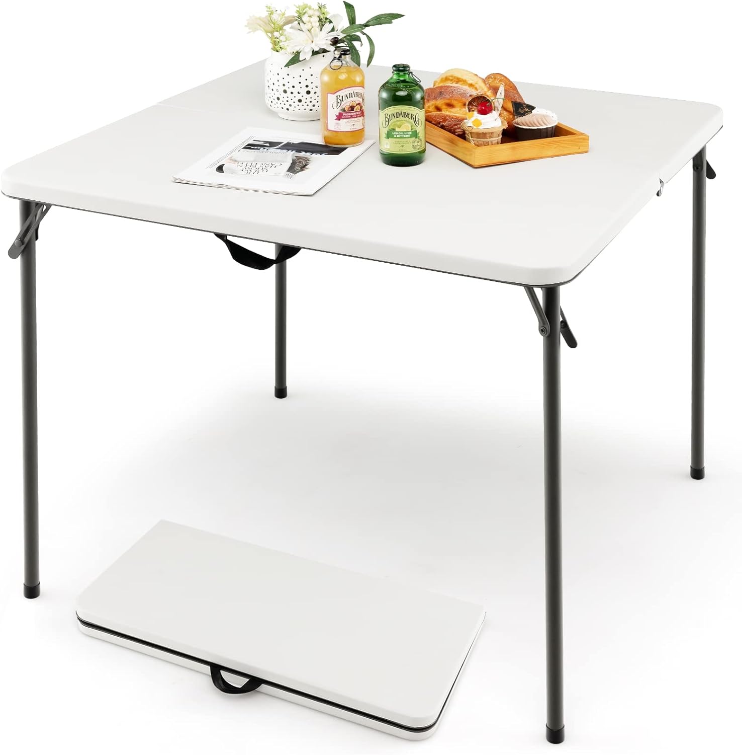 Goplus 34 Square Folding Card Table, Foldable Plastic Folding Tables, Portable Fold Up Table w/Handle, White Indoor Outdoor Utility Bi-Folding Commercial Table for Picnic, Party, Dining, Camping, BBQ