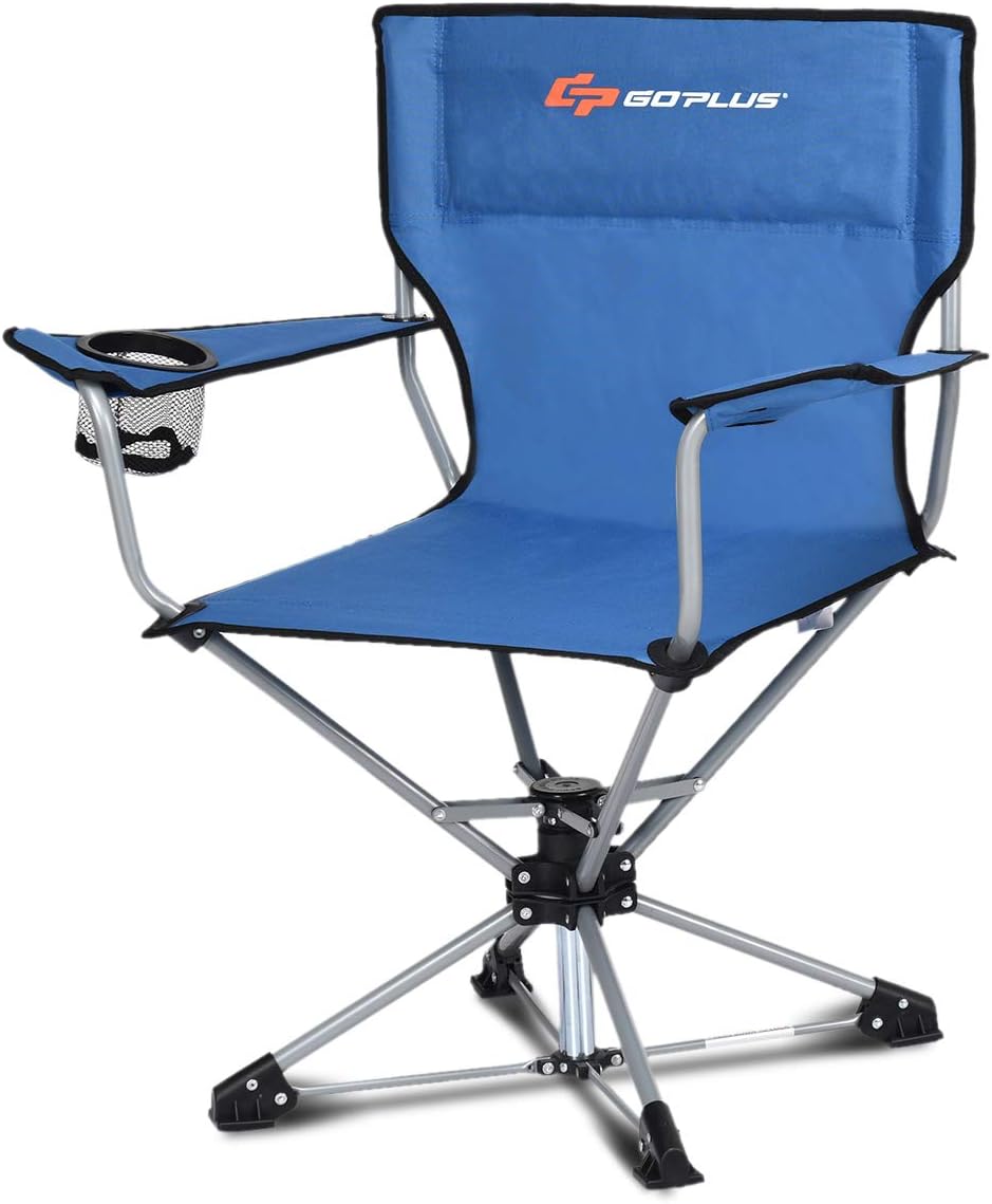 Goplus Swivel Camping Chair w/Cup Holder & Carrying Bag, Foldable 360-degree Free Rotation Chair for Fishing Picnic Hiking (Blue)