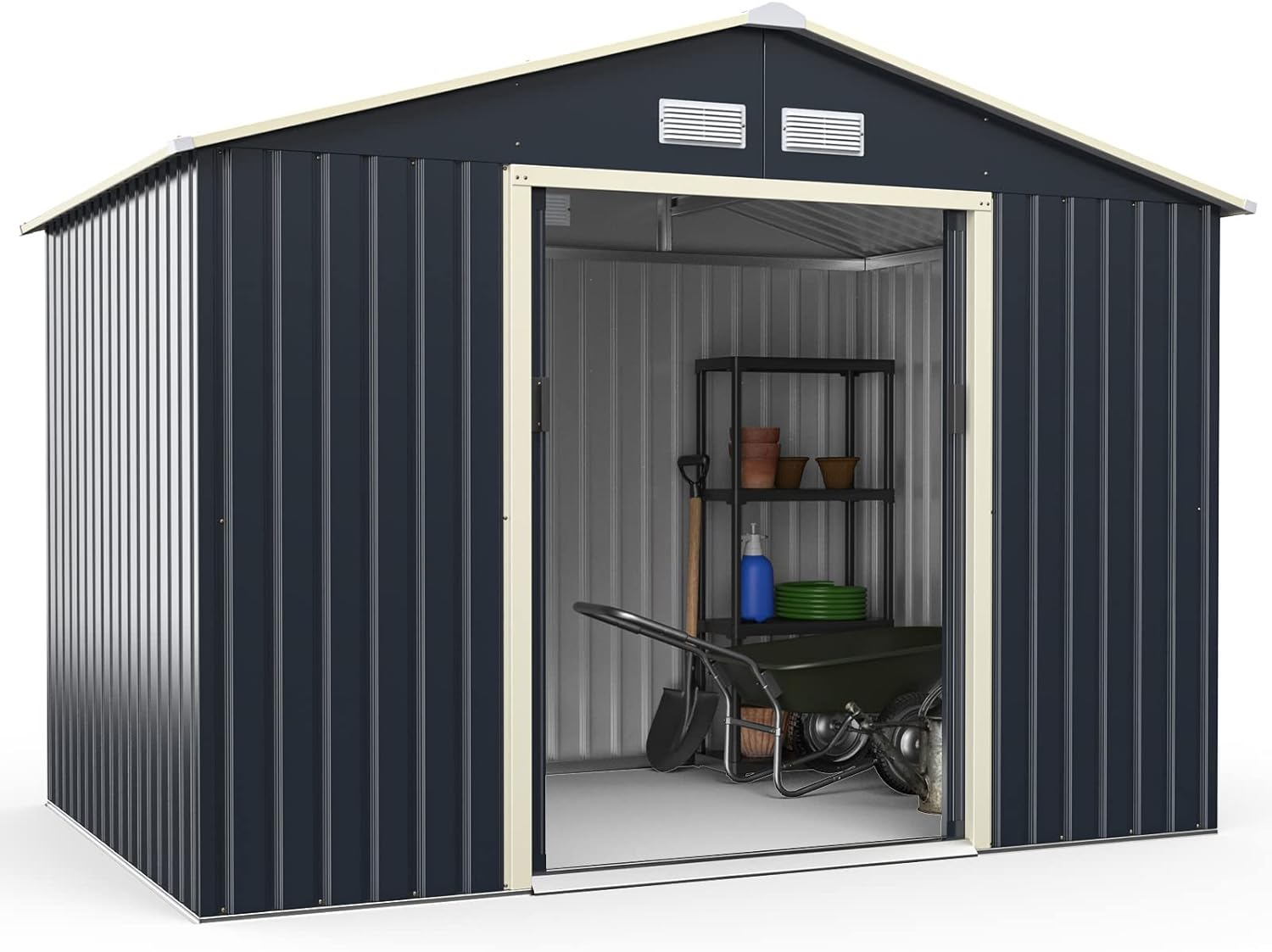 Goplus Storage Shed, Metal 9 X 6 Outdoor Building Organizer with 4 Vents & Double Sliding Door for Garden Backyard Farm (9'X6')