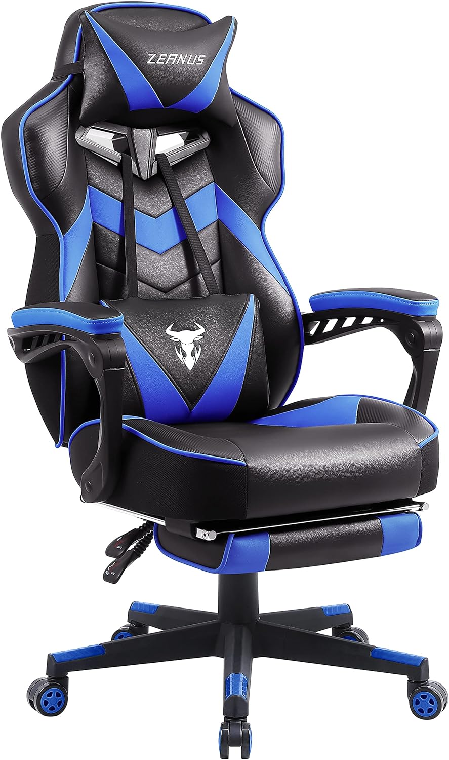 Zeanus Gaming Chair with Footrest Recliner Computer Chair Gamer Chair with Massage Gaming Chair Ergonomic Gaming Computer Chair Lumbar Support Big and Tall Gaming Chairs for Adults PU Leather Blue