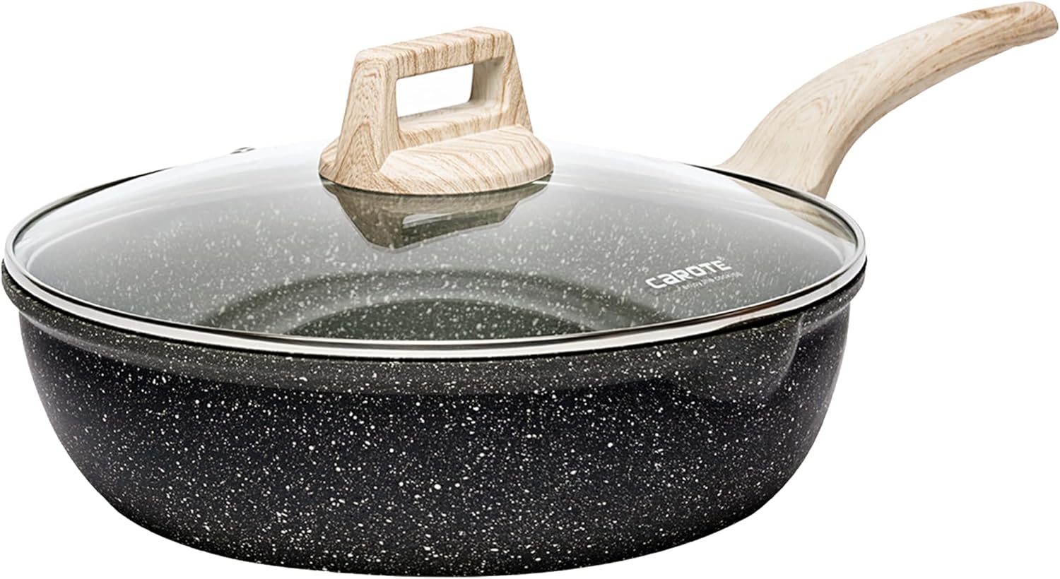 CAROTE 12Inch Nonstick Deep Frying Pan with Lid, 5.5 Qt Jumbo Cooker Saute Pan with Pour Spout, Skillet Induction Cookware, Non Stick Cooking Pan PFOA Free, Classic Granite