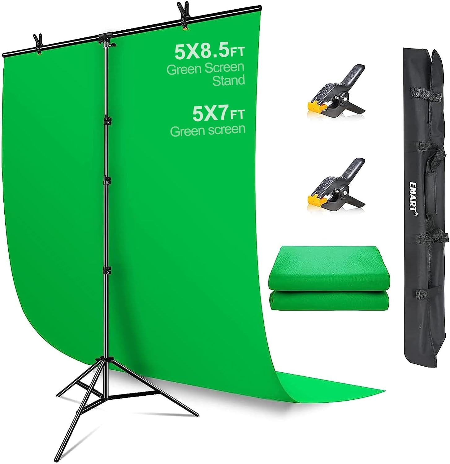 EMART Green Screen Backdrop with Stand, 5 x 8.5ft T-Shaped Greenscreen Backdrop Stand with 5 x 7ft Greenscreen, Portable Green Screen Stand Kit for Zoom, Streaming, Gaming