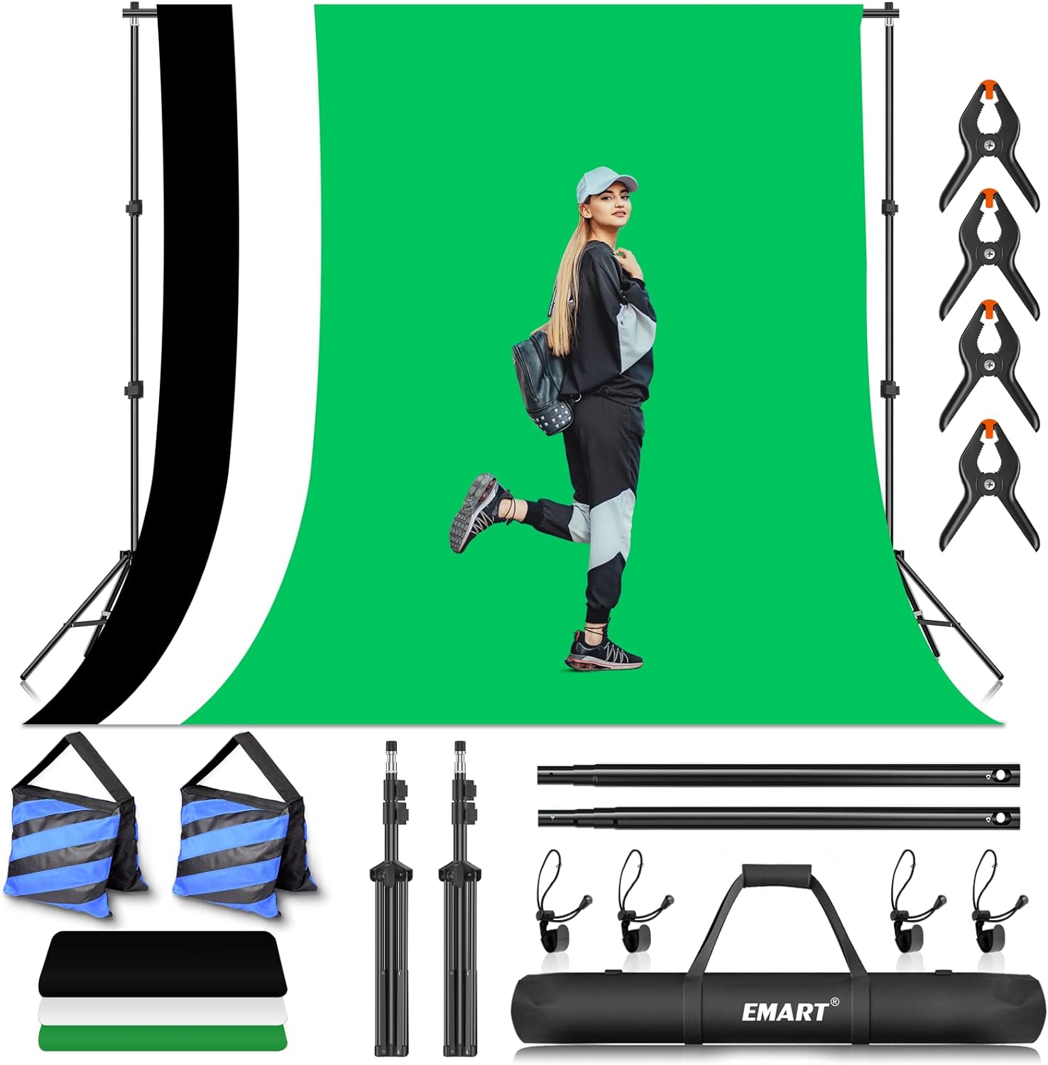 EMART Photo Video Studio Backdrop Stand Kit, 710ft Adjustable Photography Support System with Polyester Background(Black/White/Green Screen), Spring Clamps and Carry Bag for Photoshoot