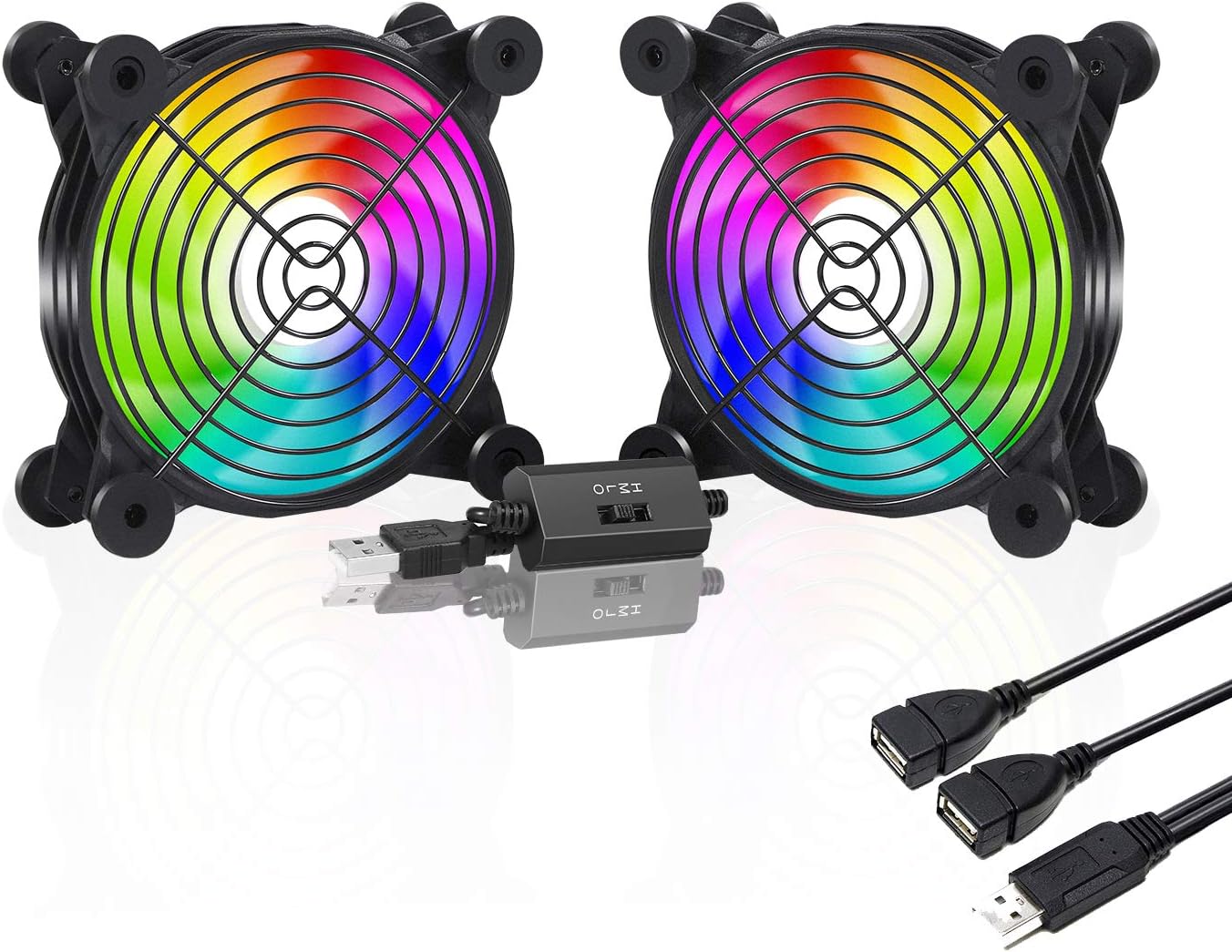 upHere U1207 USB Fan Dual-Ball Bearings,Rainbow LED,Multi-Speed Control,Silent 120mm Fan for Computer Cases Computer Cabinet Playstation Xbox Cooling