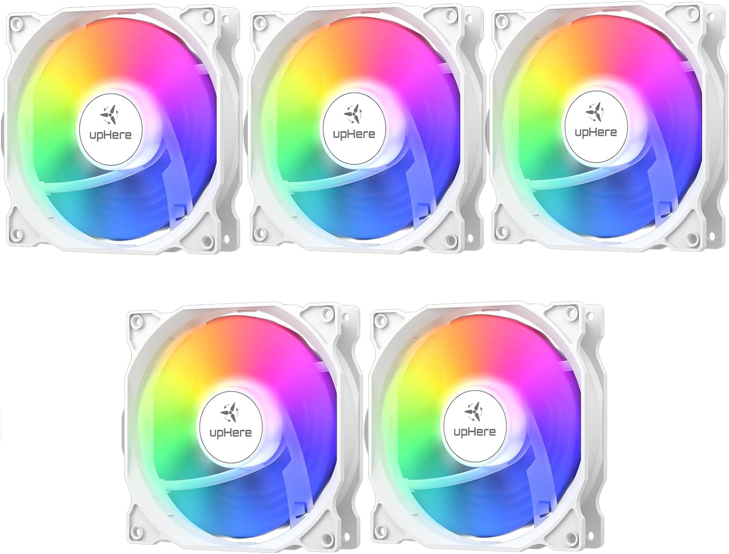 upHere 120mm RGB Case Fan,Quiet Edition High Airflow Adjustable Color LED Case Fan for PC Cases, CPU Coolers,Radiators System,5-Pack,White Edition/C806-5