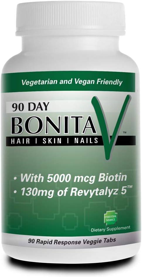 Essential Source Bonita V Vegan Hair Nails and Skin Vitamins for Women - 20 Active Ingredients Including Biotin, Revytalyz 5 - Stronger Nails, Healthy Skin, Hair Growth Vitamins - 90 Veggie Tablets