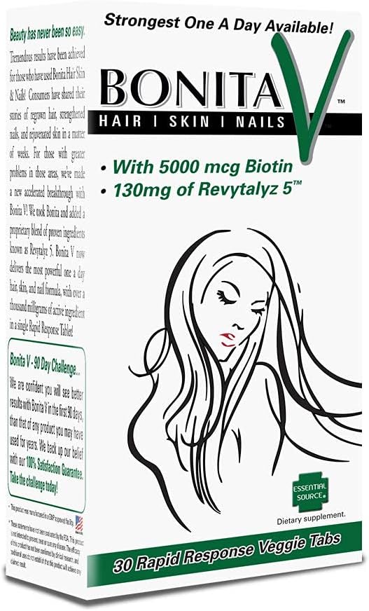 Essential Source Bonita V Vegan Hair Nails and Skin Vitamins for Women - 20 Active Ingredients Including Biotin & Revytalyz 5 - Stronger Nails, Healthy Skin, Hair Growth Vitamins - 30 Veggie Tablets