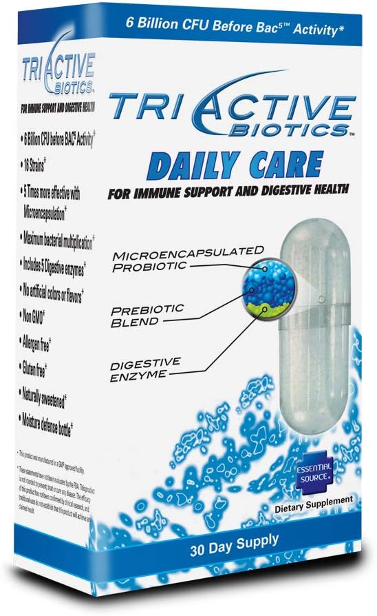 Essential Source TriActive Biotics Daily Care - Probiotics, Prebiotic Blend with 6 Billion CFU - Digestive Enzymes Supplement for Men & Women - Helps Support Gut Health, Immune Defense - 30 Capsules