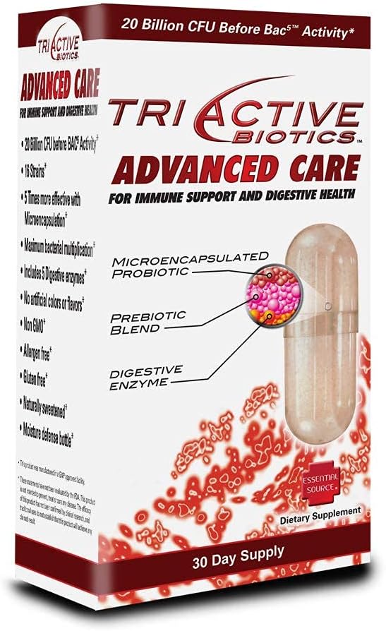 Essential Source TriActive Biotics Advanced Care - 20 Billion CFU Probiotics for Digestive Health, Immune Support Supplement, Microencapsulated Probiotics for Women & Men, 30 Ct Capsules