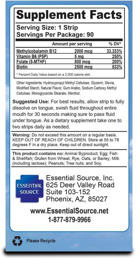 Essential Source Vitamin B12 Strips - Energy Supplement with 2000mcg of Methylcobalamin, B6, Folate & Biotin - Support Nerve & Brain Health, Stress Relief, Sleep - Winter Berry Flavor, 90 Day Supply