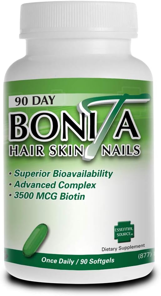 Essential Source Bonita Hair Skin and Nails Vitamins - Biotin Vitamins for Hair Skin and Nails for Women and Men with 15 Active Ingredients for Hair Growth, Strong Nails, Healthy Skin, 90 Softgels