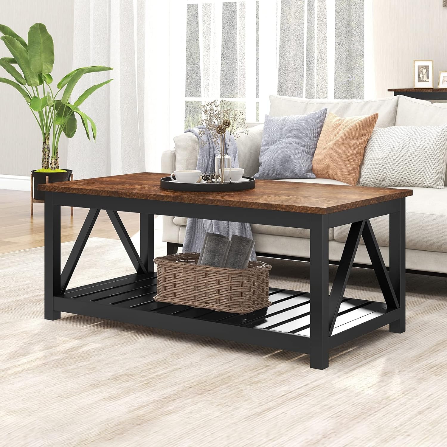 ChooChoo Black Coffee Table, Rustic Vintage Table with Shelf for Living Room, 40 Inch