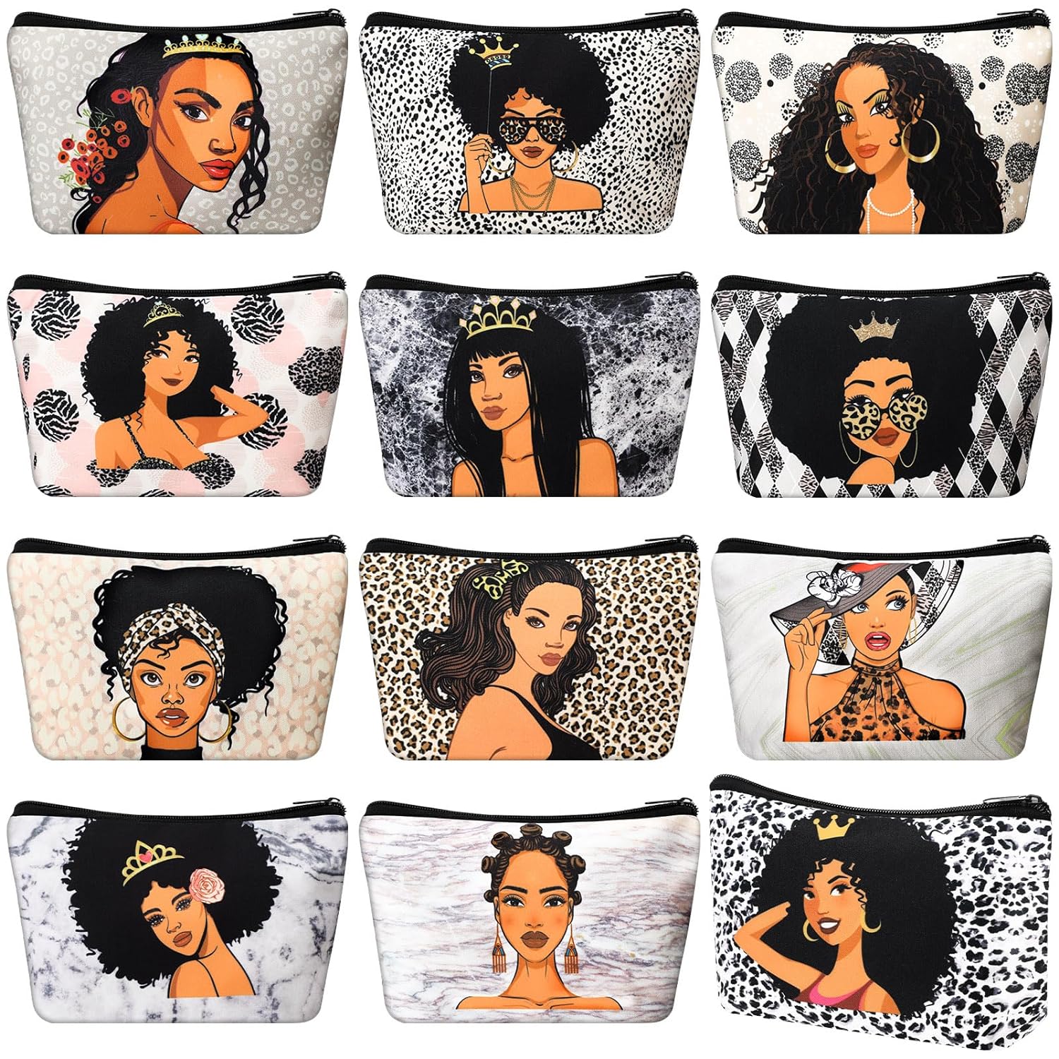 12 Pcs African Girl Makeup Bag Black Girl Makeup Bag Afro Melanin Art Cosmetic Canvas Bags Small Funny Cute Reusable Toiletry Pouch Organizer Black Owned Business Gift for Women Lady (Leopard Print)