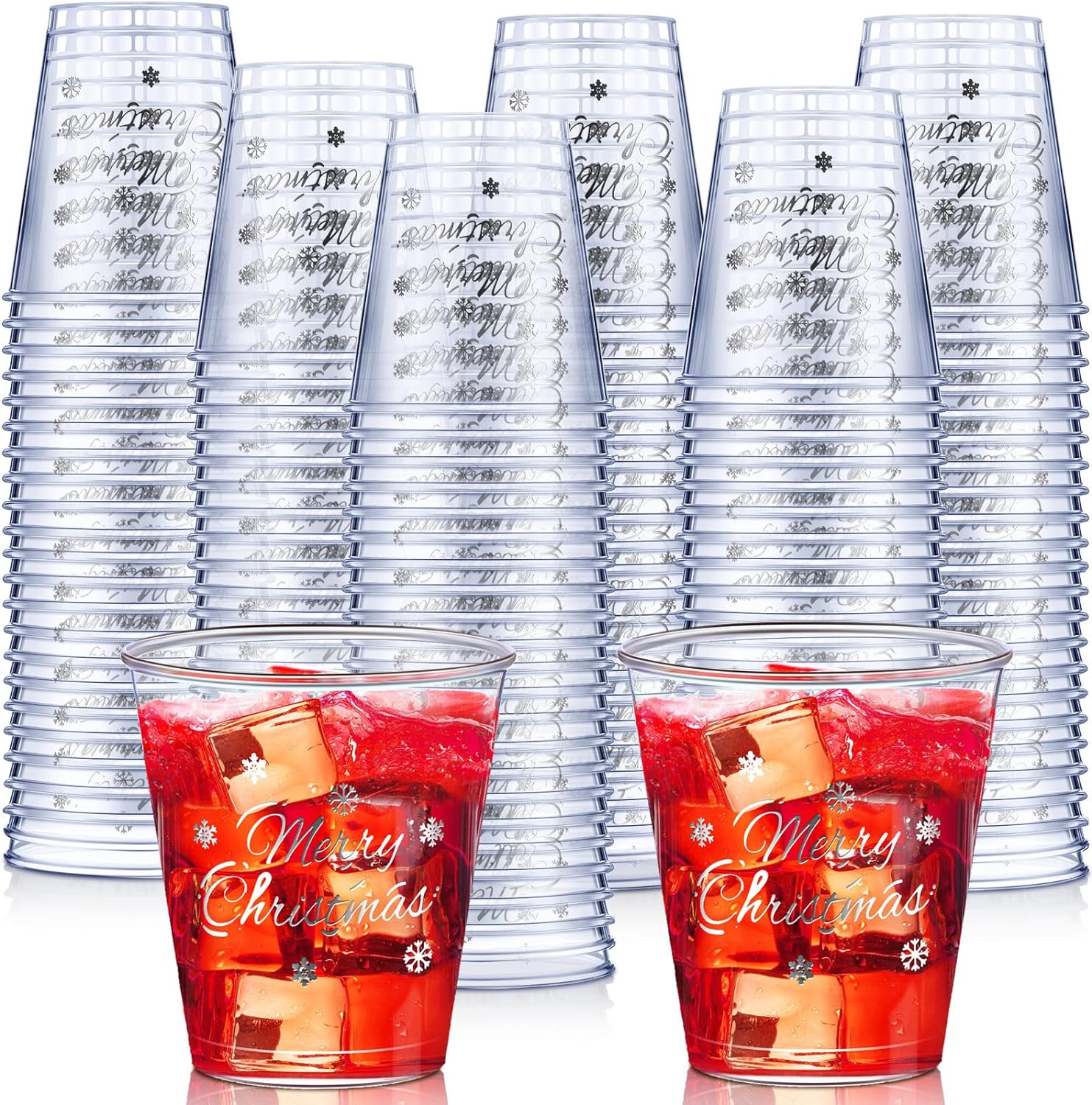 Umigy 100 Pcs Christmas Plastic Shot Glasses Clear Disposable Small Shot Cups for Party Bulk 2 oz Cups Plastic Tumbler for Birthday Party Tasting Drinking Serving Wine Food Snack (Silver,Cheerful)