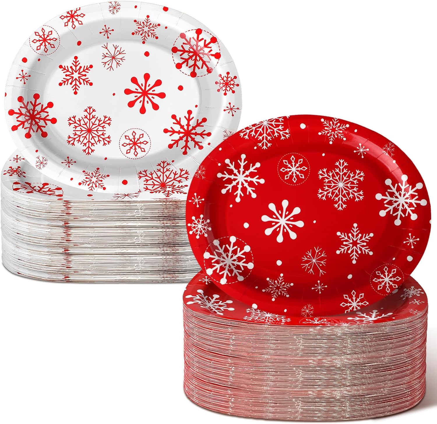 Umigy 100 PCS Christmas Snowflake Oval Paper Plates 10 x 12 Disposable Paper Plates Winter Snow Themed Dinner Plates Red and White Snowflake Plates for Xmas Holiday New Year Dinner Party Supply