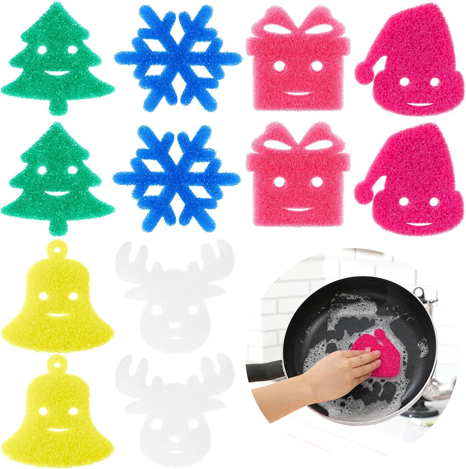 Umigy 12 Pcs Christmas Cleaning Sponges Cute Kitchen Scrub Sponges Christmas Tree Snowflake Elk Sponge Temperature Sensitive Non Scratch Household Cleaning Sponges Scrubber for Dish Pots Dishwashing