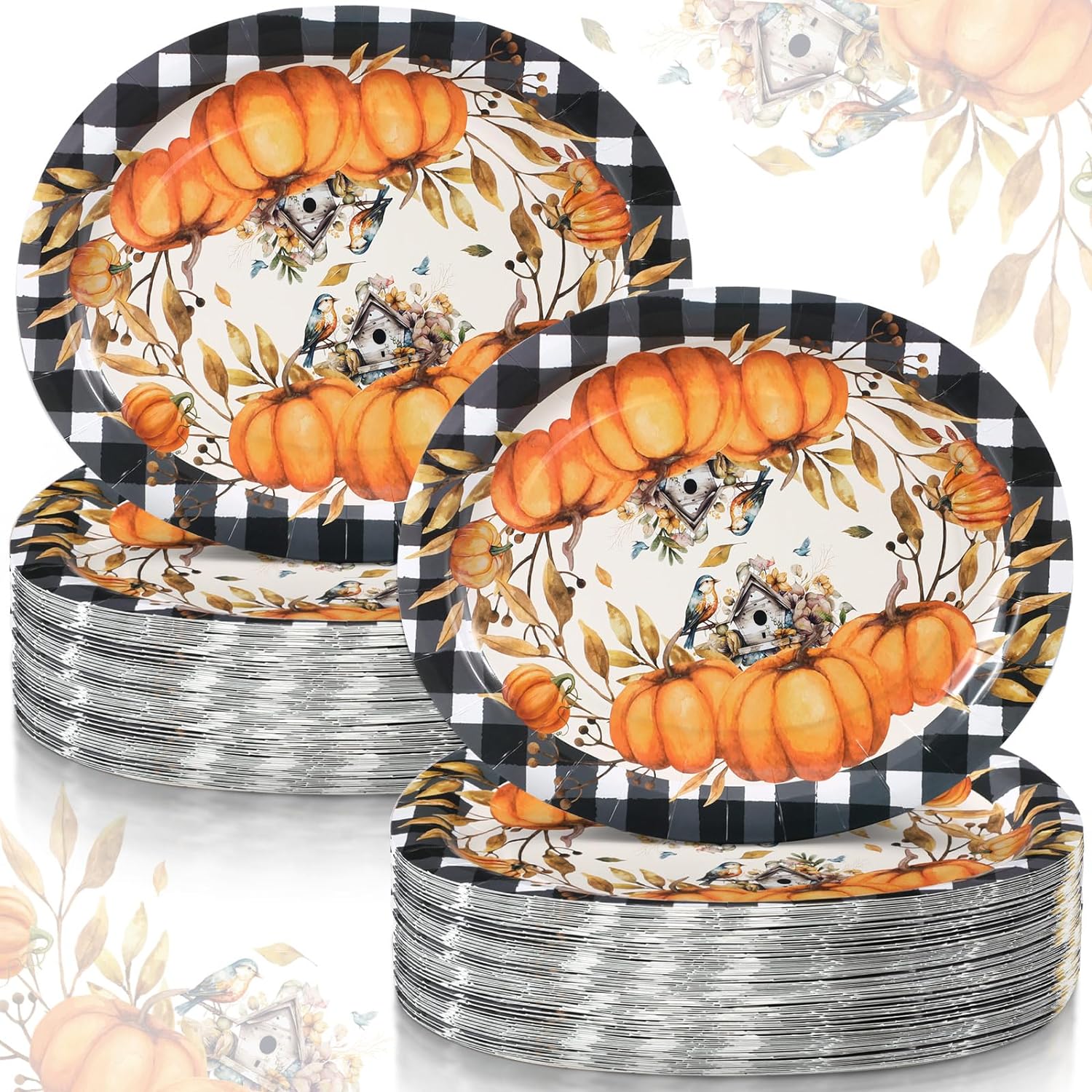 Umigy 100 Pcs Buffalo Plaid Pumpkins Oval Paper Plates 10 x 12 Large Disposable Paper Plates Fall Leaves Decoration Plate Thanksgiving Vintage Paper Plates for Dinner Party Thanksgiving Kitchen