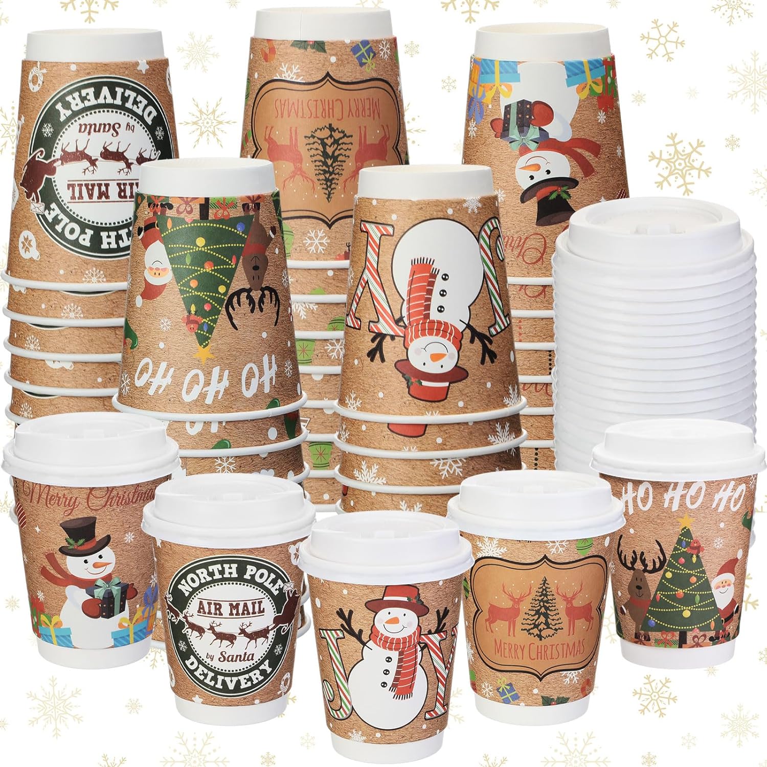 Umigy 100 Pack 12oz Christmas Day Paper Cups with Lids Xmas Disposable Paper Cups Hot Cocoa Party Paper Cups for Holiday Party Supplies(Snowmen)