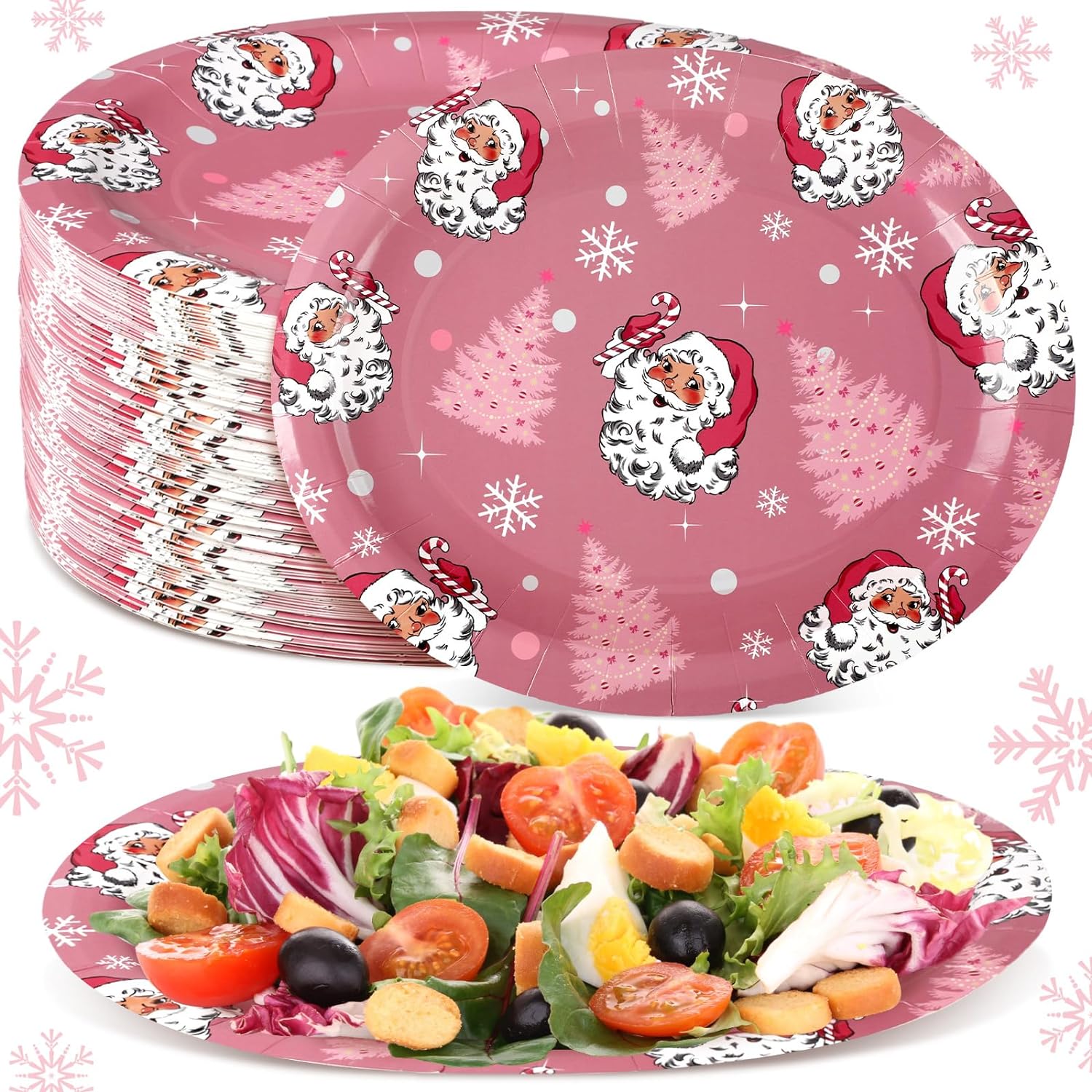 Umigy 100 Pcs Santa Claus Oval Paper Plates 10 x 12 Large Disposable Paper Plates Pink Christmas Tree Decorative Serving Tray Winter Santa Claus Serving Plates for Xmas Winter Holiday Party Supplies