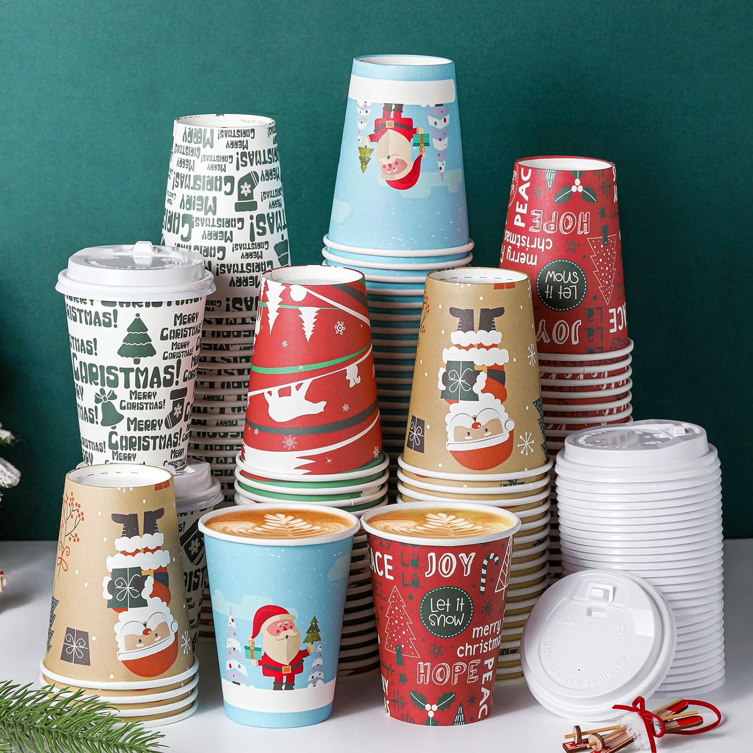 120 Pcs 12 oz Christmas Paper Coffee Cups with Lids Disposable Paper Cups for Hot Chocolate Cocoa Christmas Party Tea Cups Xmas Party Supplies Christmas Disposable Cup for Party Holiday Hot Cold Drink