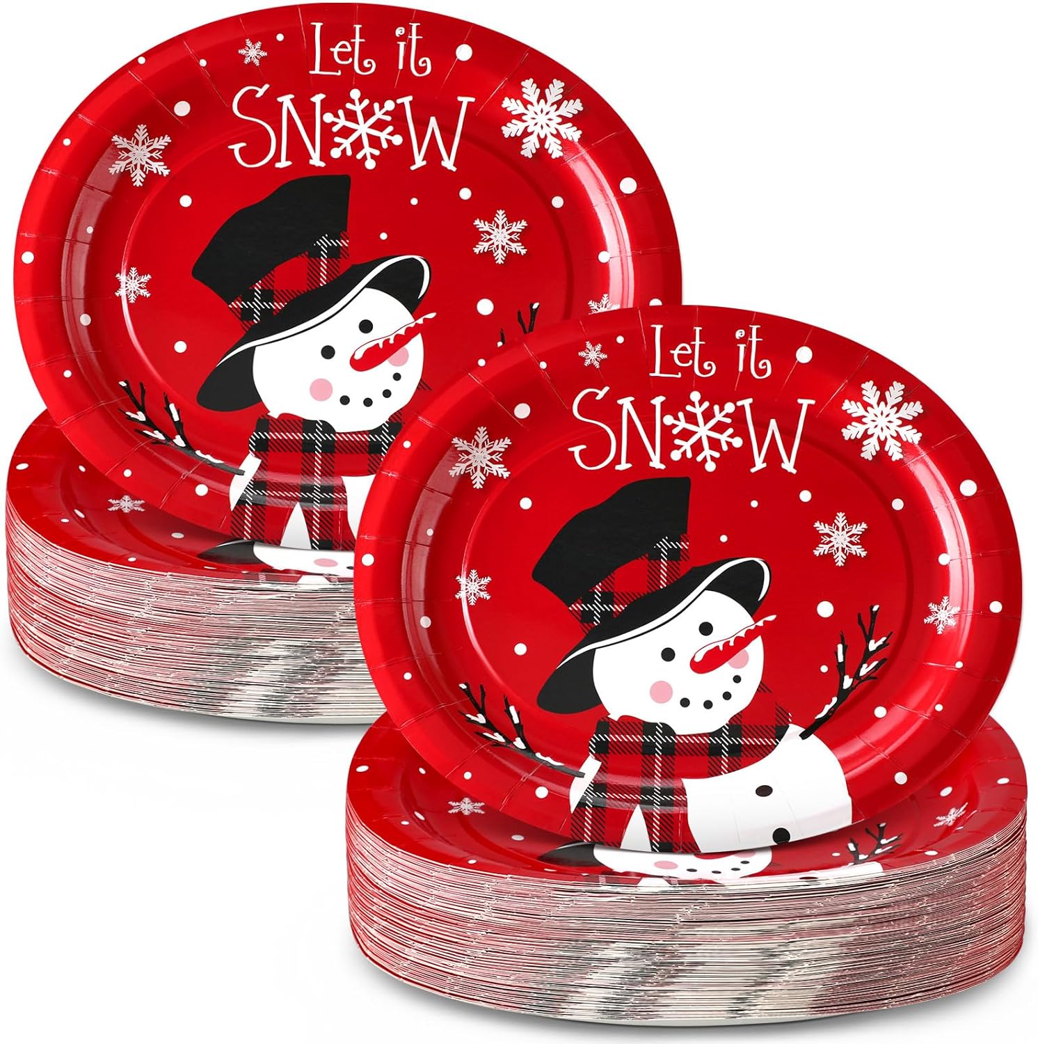 Umigy 100 Pcs Snowman Oval Paper Plates 10 x 12 Large Disposable Paper Plates Let It Snow Decorative Dinner Plates Christmas Red Serving Plates for Winter Holiday Dinner Birthday Party Supplies