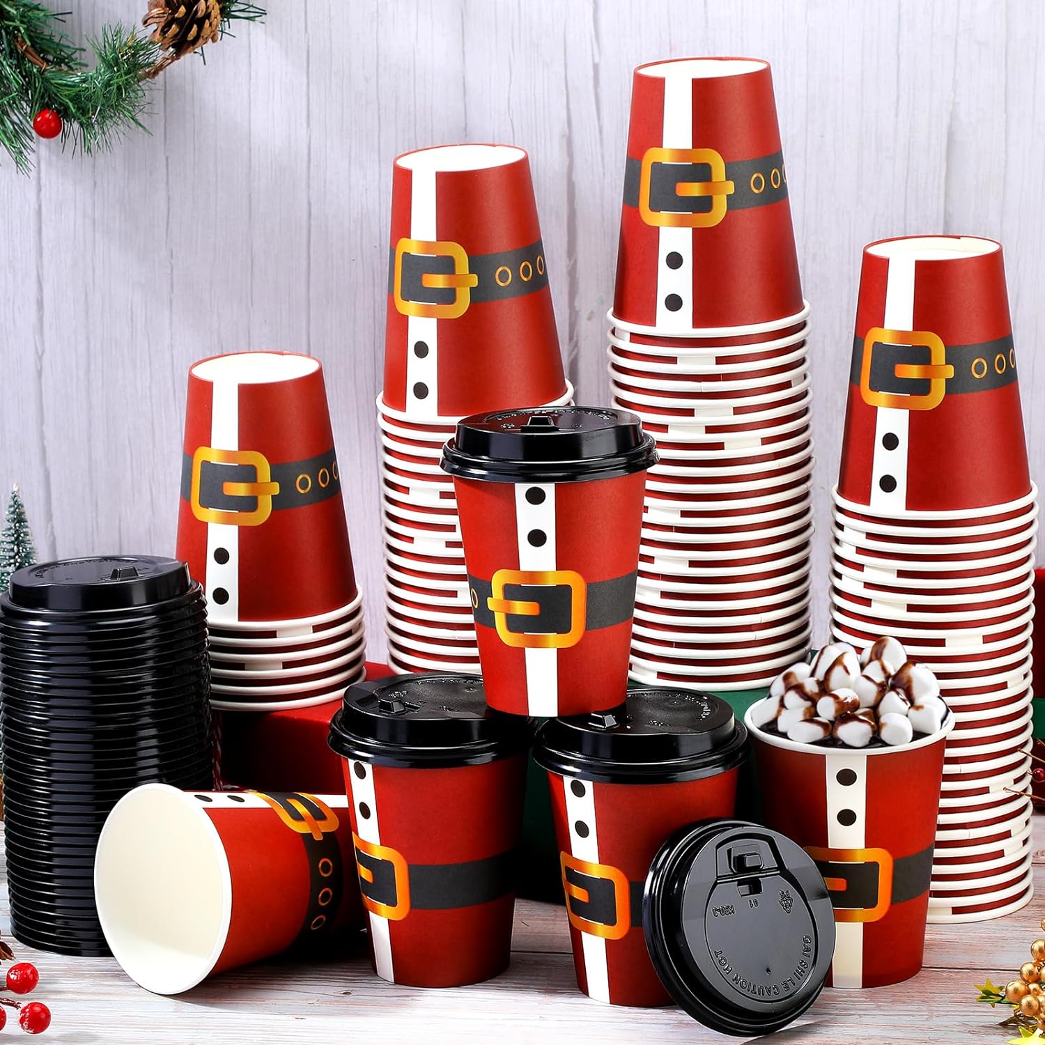 Umigy 120 Pcs 12 oz Christmas Disposable Coffee Cups Christmas Paper Cups with Lids Hot Chocolate Cocoa Cup Christmas Tea Cups Xmas Coffee Cup for Party Supplies Xmas Party Holidays Hot Cold Drinks