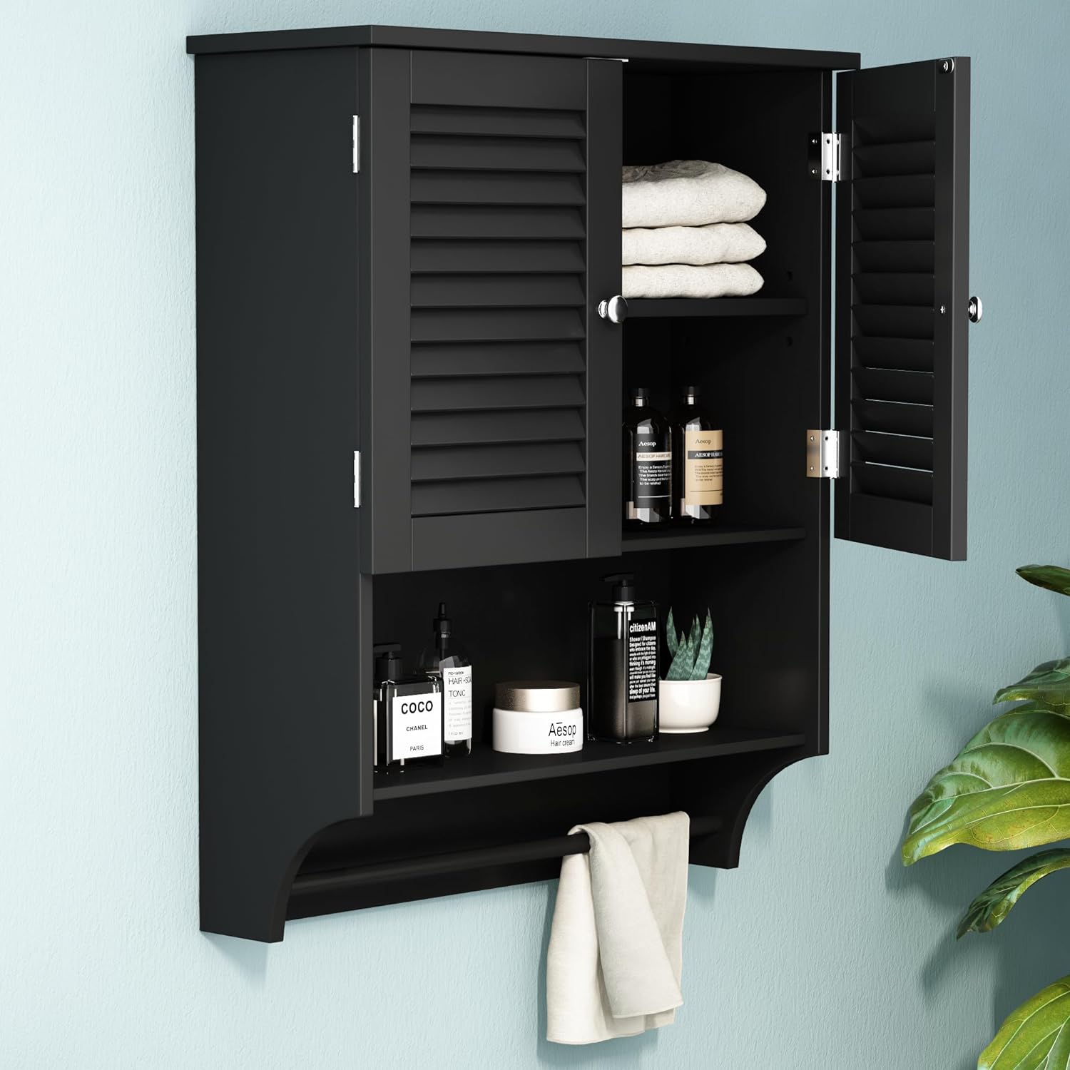 ChooChoo Bathroom Wall Cabinet with Towels Bar, 23.6 L x8.9 W x29.3 H MDF Material Medicine Cabinet, 2 Doors Over The Toilet Space Saver Storage Cabinet with Large Space, Black