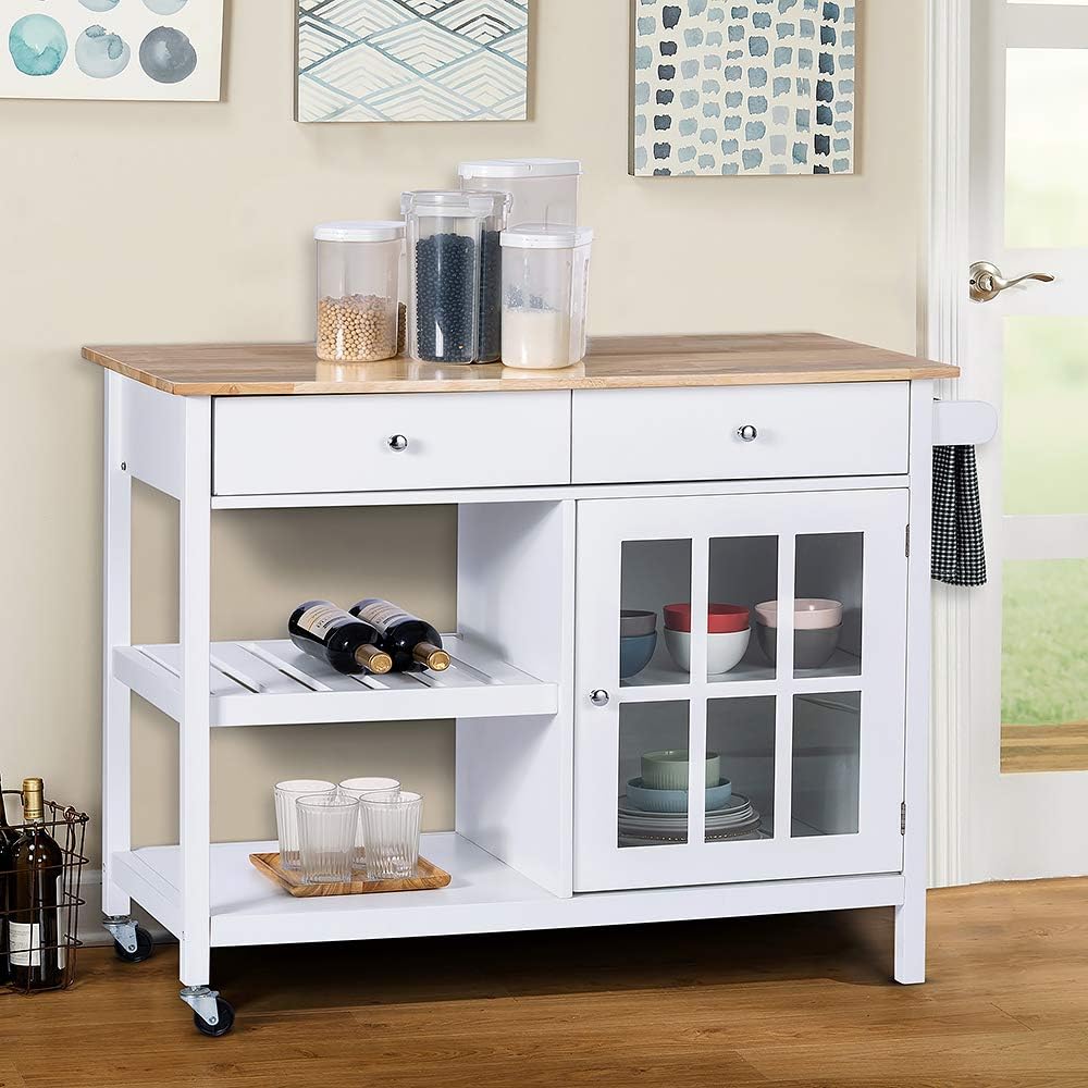 ChooChoo Rolling Kitchen Island, Portable Kitchen Cart Wood Top Kitchen Trolley with Drawers and Glass Door Cabinet, Wine Shelf, Towel Rack, White