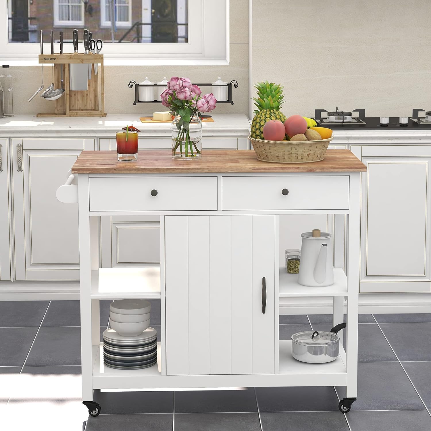 ChooChoo Kitchen Cart on Wheels with Wood Top, Utility Wood Kitchen Islands with Storage and Drawers, Easy Assembly - White