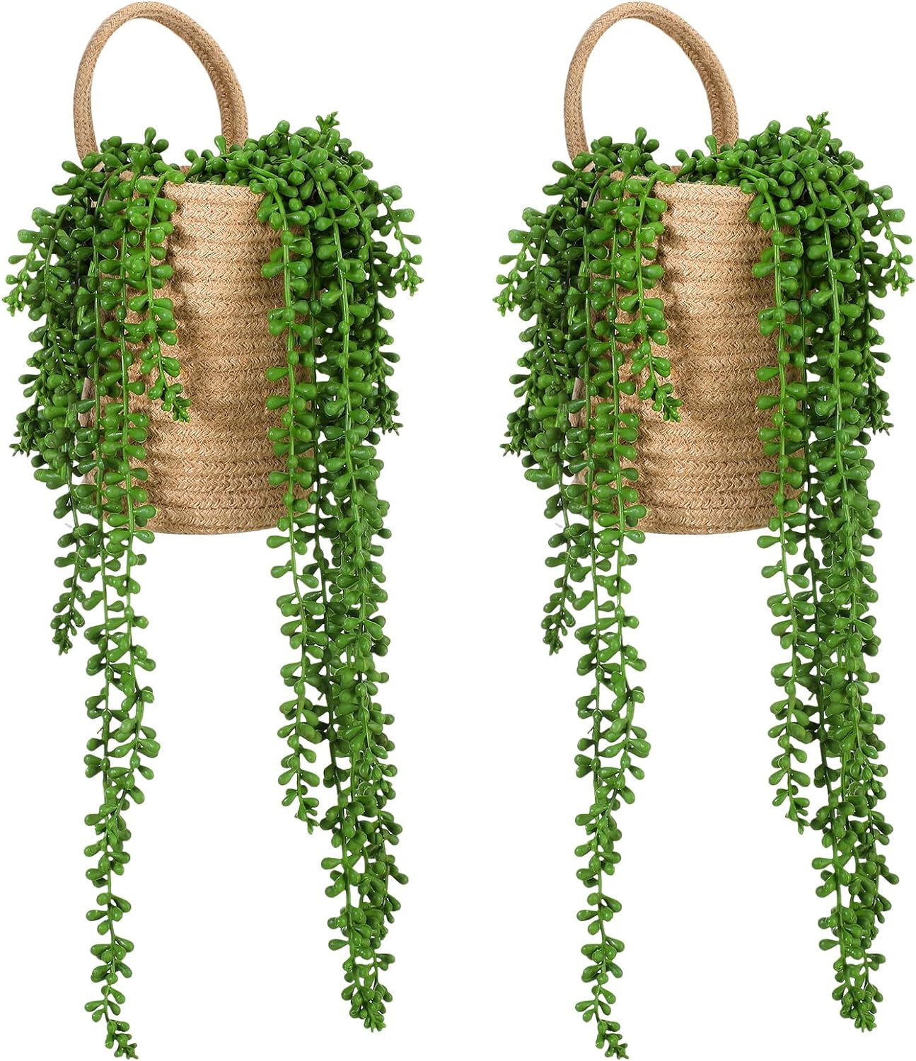 Umigy 2 Pack Wall Hanging Rope Baskets with 4 Pcs Faux Strings of Pearls Plant Jute Hanging Basket with Artificial Succulents for Porch Living Room Bedroom Entryway Patio Outdoor Decoration